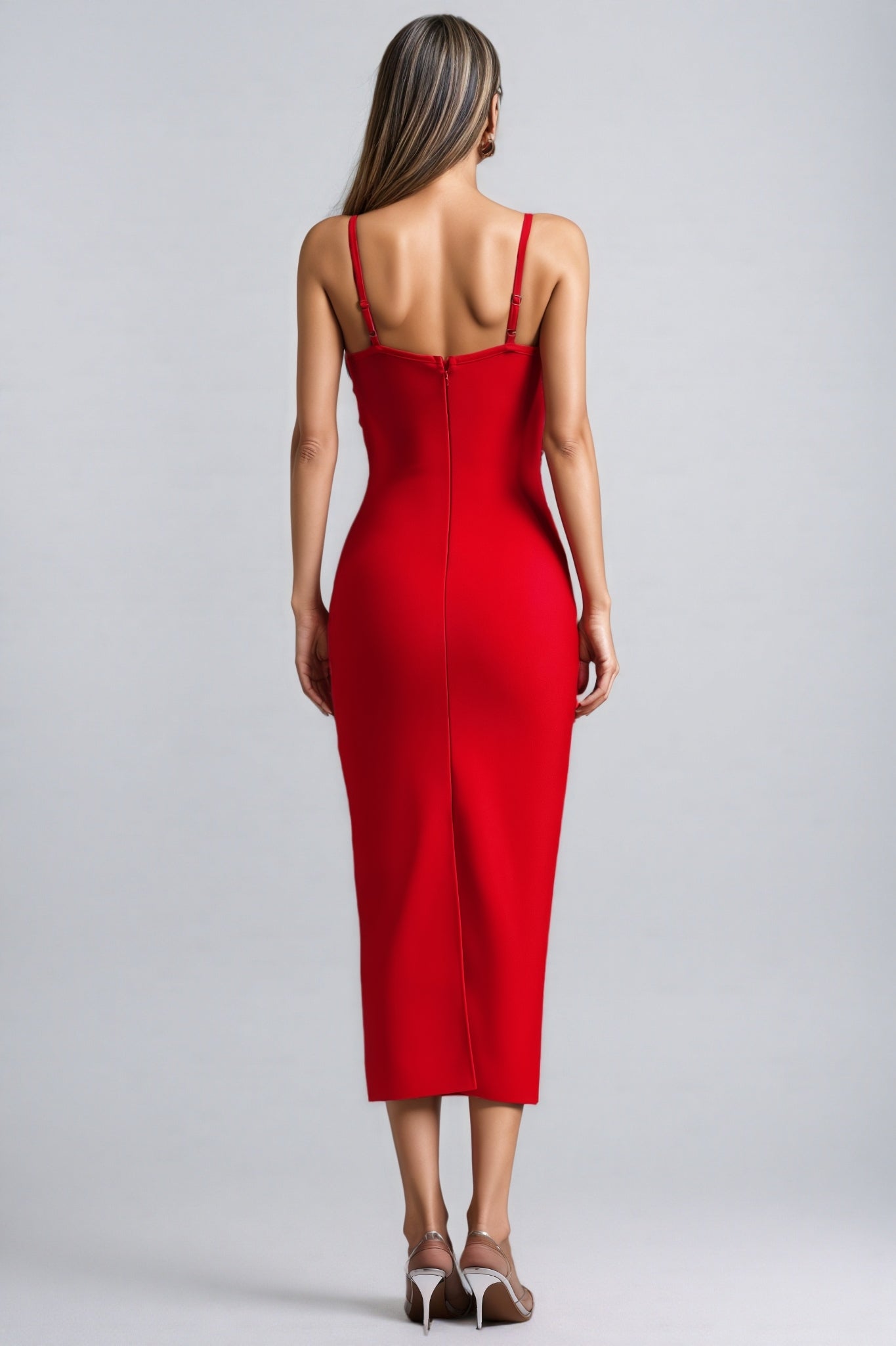 Crystal Embellished Sweetheart Spaghetti Strap Sleeveless Bodycon Bandage Midi Dress
