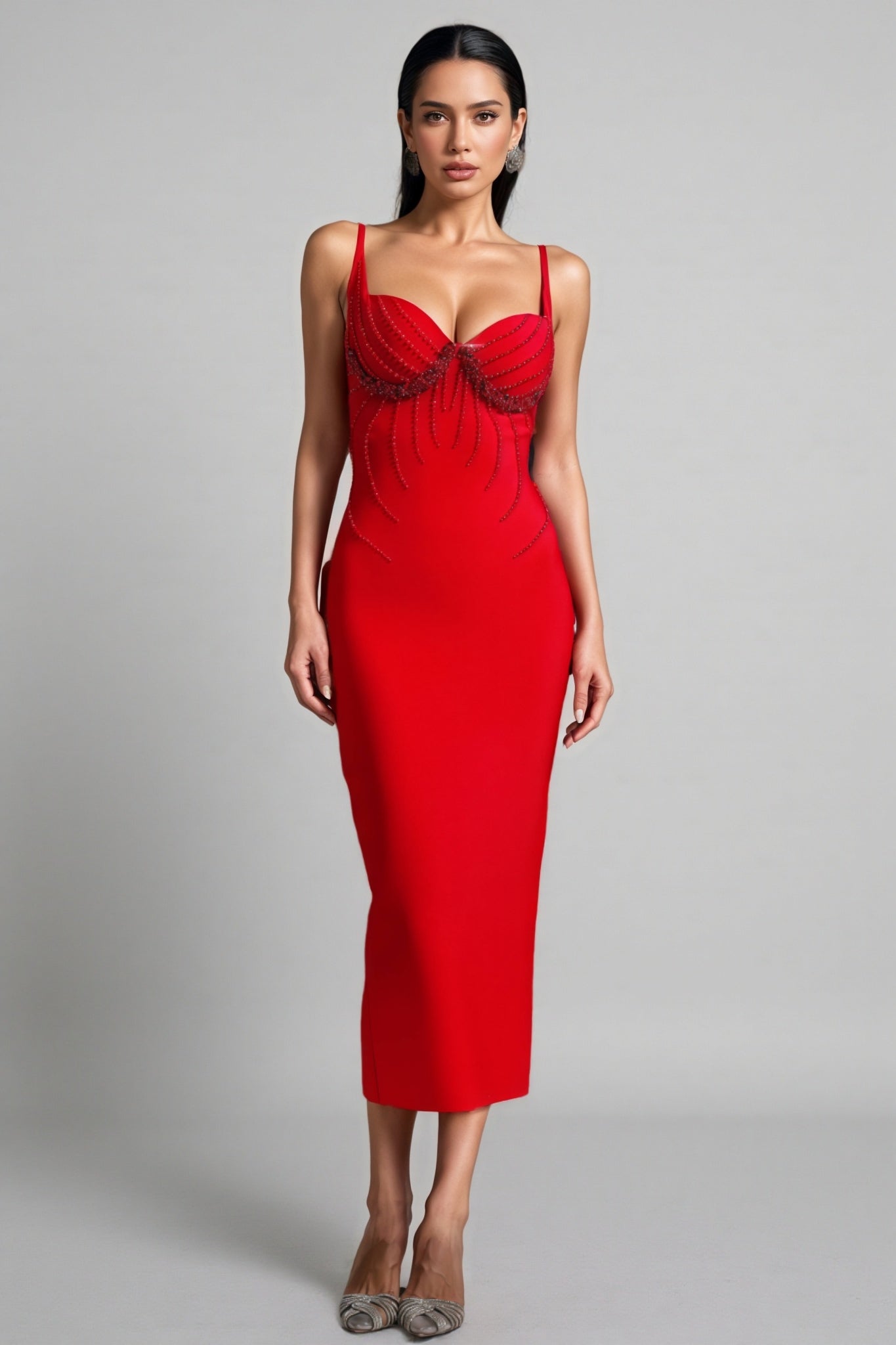 Crystal Embellished Sweetheart Spaghetti Strap Sleeveless Bodycon Bandage Midi Dress