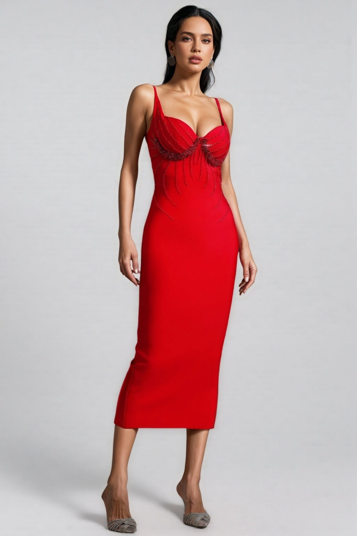 Crystal Embellished Sweetheart Spaghetti Strap Midi Dress - View 3