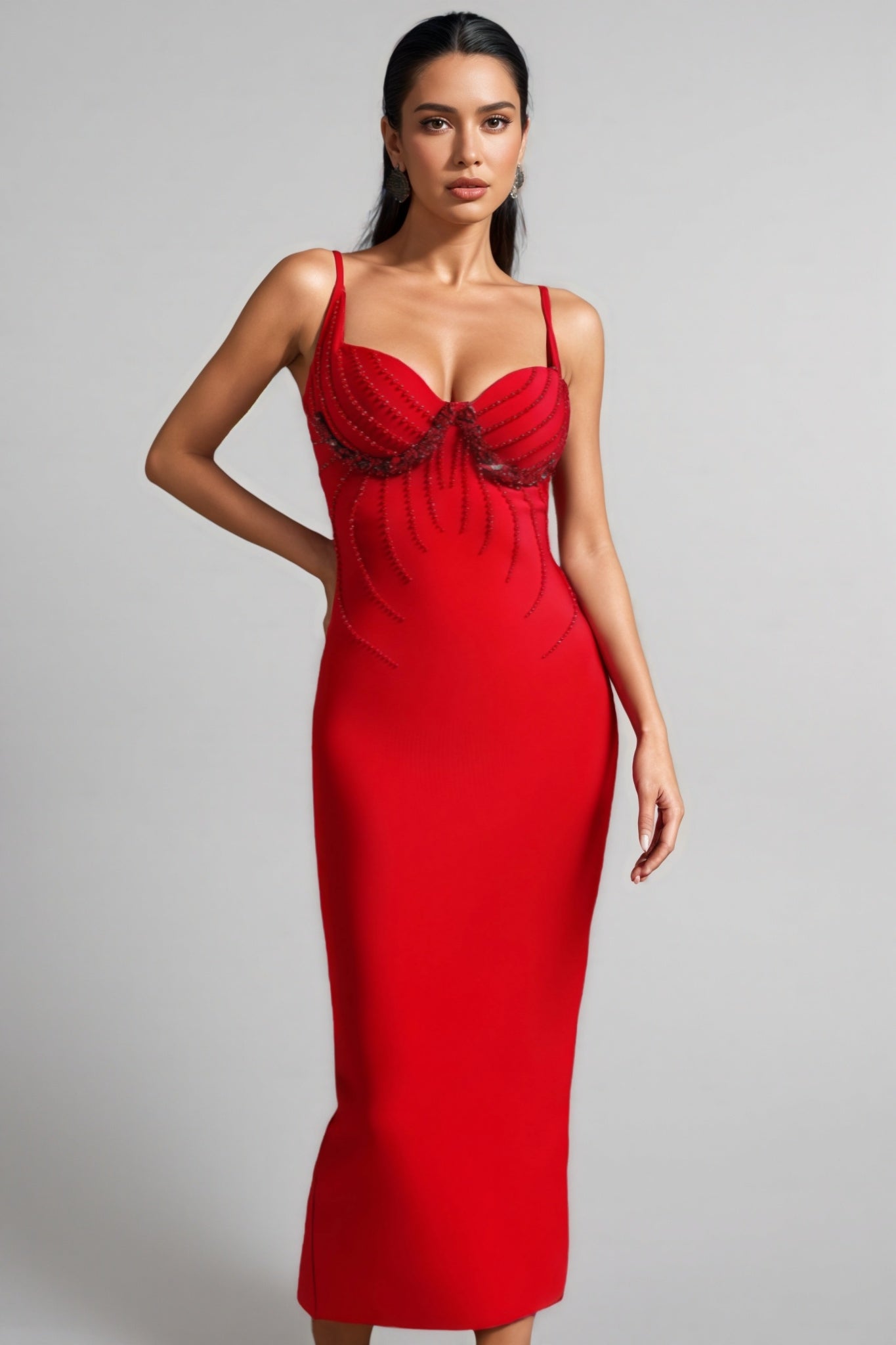 Crystal Embellished Sweetheart Spaghetti Strap Sleeveless Bodycon Bandage Midi Dress