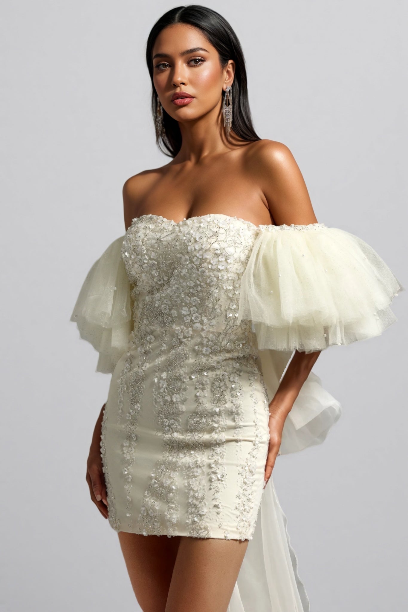 Sequin Sweetheart Off Shoulder Tulle Puff Sleeve Mini Dress