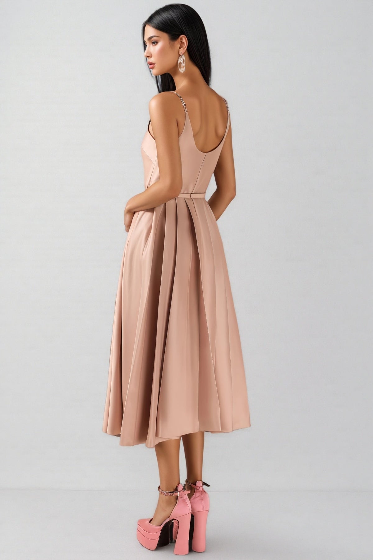 Scoop Neck Rhinestone Strap Button Front Belted Pleated Satin Midi Dress 6