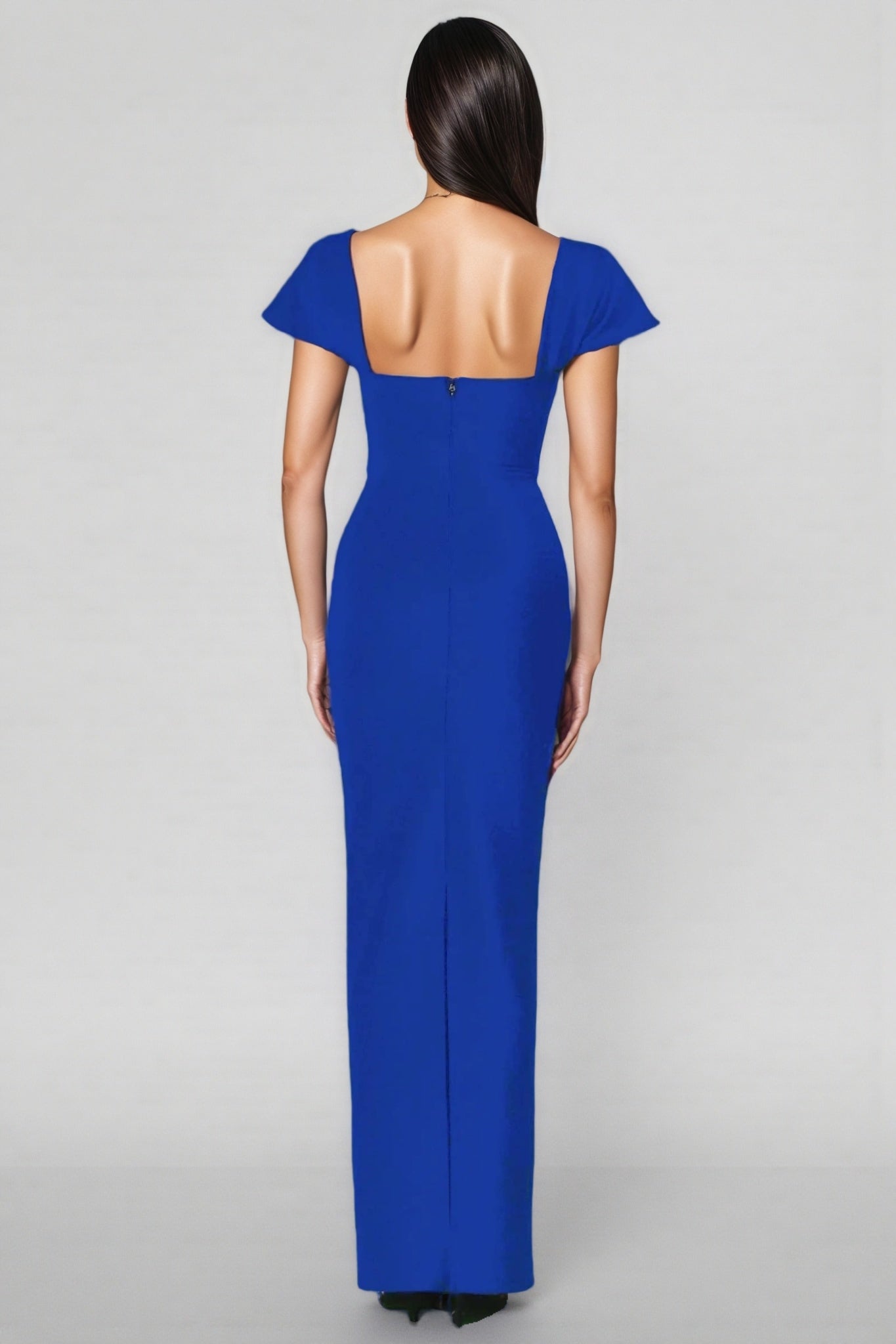 Rhinestone Trim Square Neck Flared Cap Sleeve Bandage Column Maxi Gown