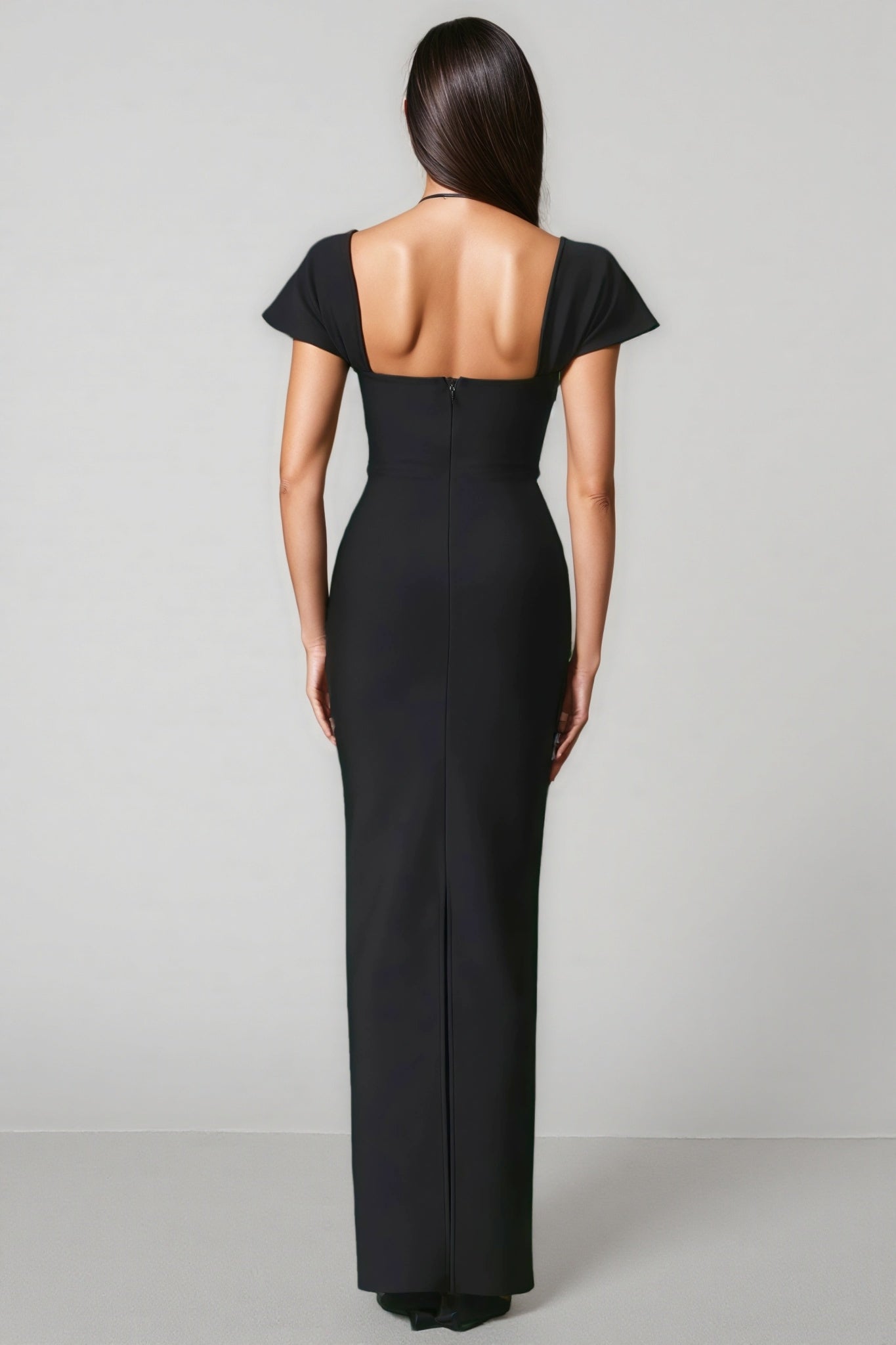 Crystal Trim Square Neck Cap Sleeve Column Maxi Gown