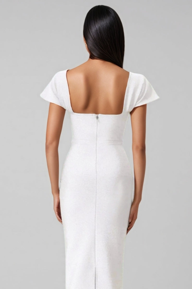 Rhinestone Trim Square Neck Cap Sleeve Shimmer Bandage Column Maxi Gown