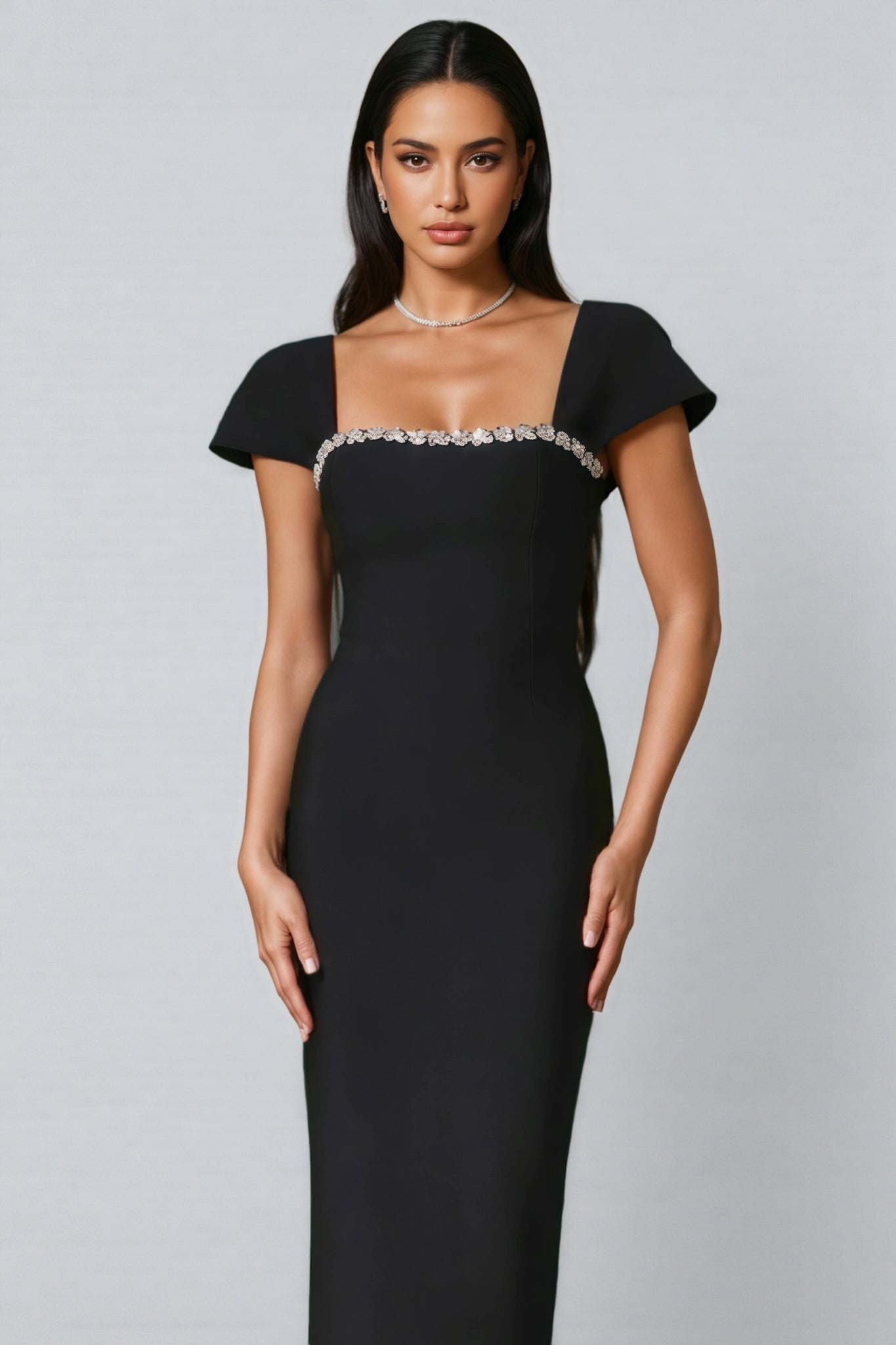 Crystal Trim Square Neck Cap Sleeve Column Maxi Gown