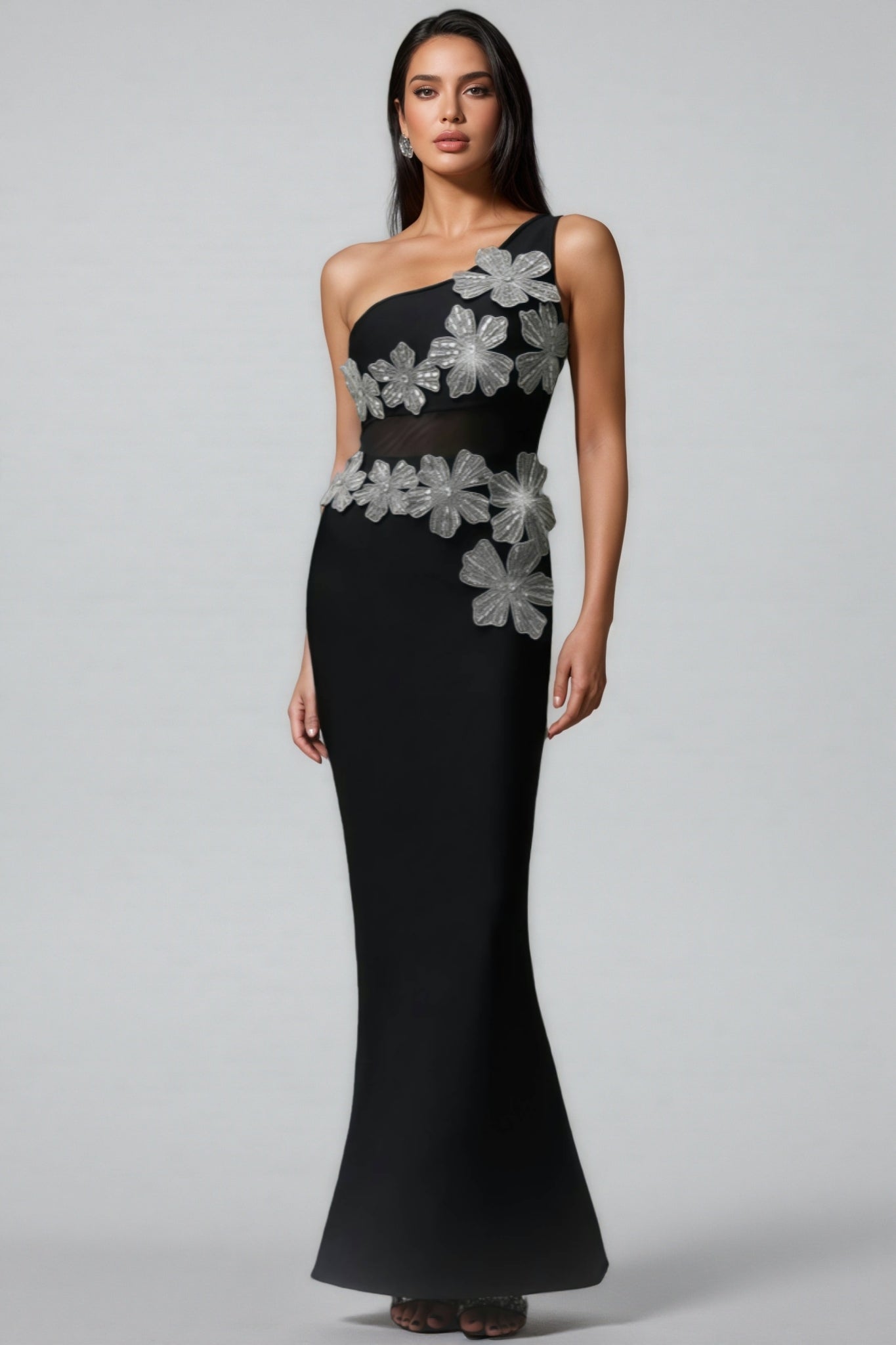 One Shoulder Floral Applique Mesh Cut Out Mermaid Maxi Gown