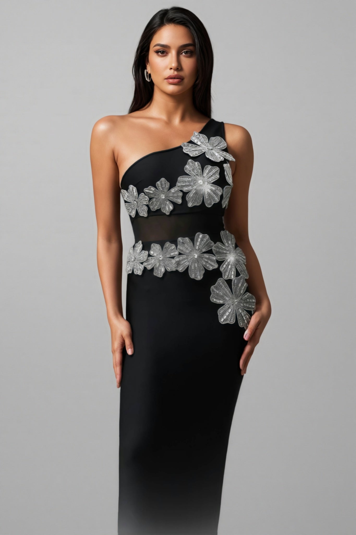 One Shoulder Floral Applique Mesh Cut Out Mermaid Maxi Gown