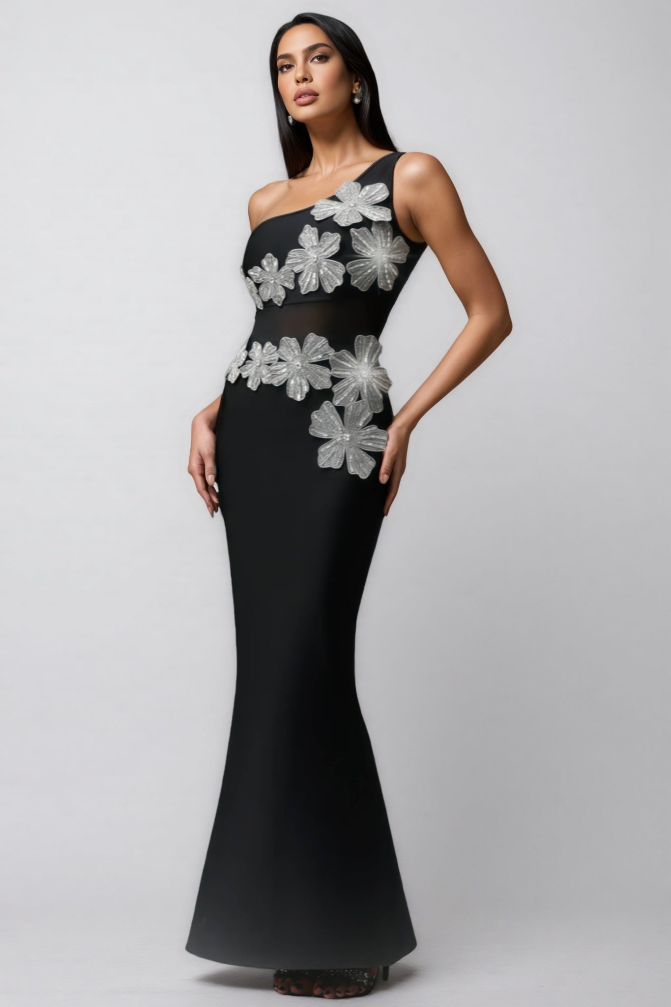 One Shoulder Floral Applique Mesh Cut Out Mermaid Maxi Gown