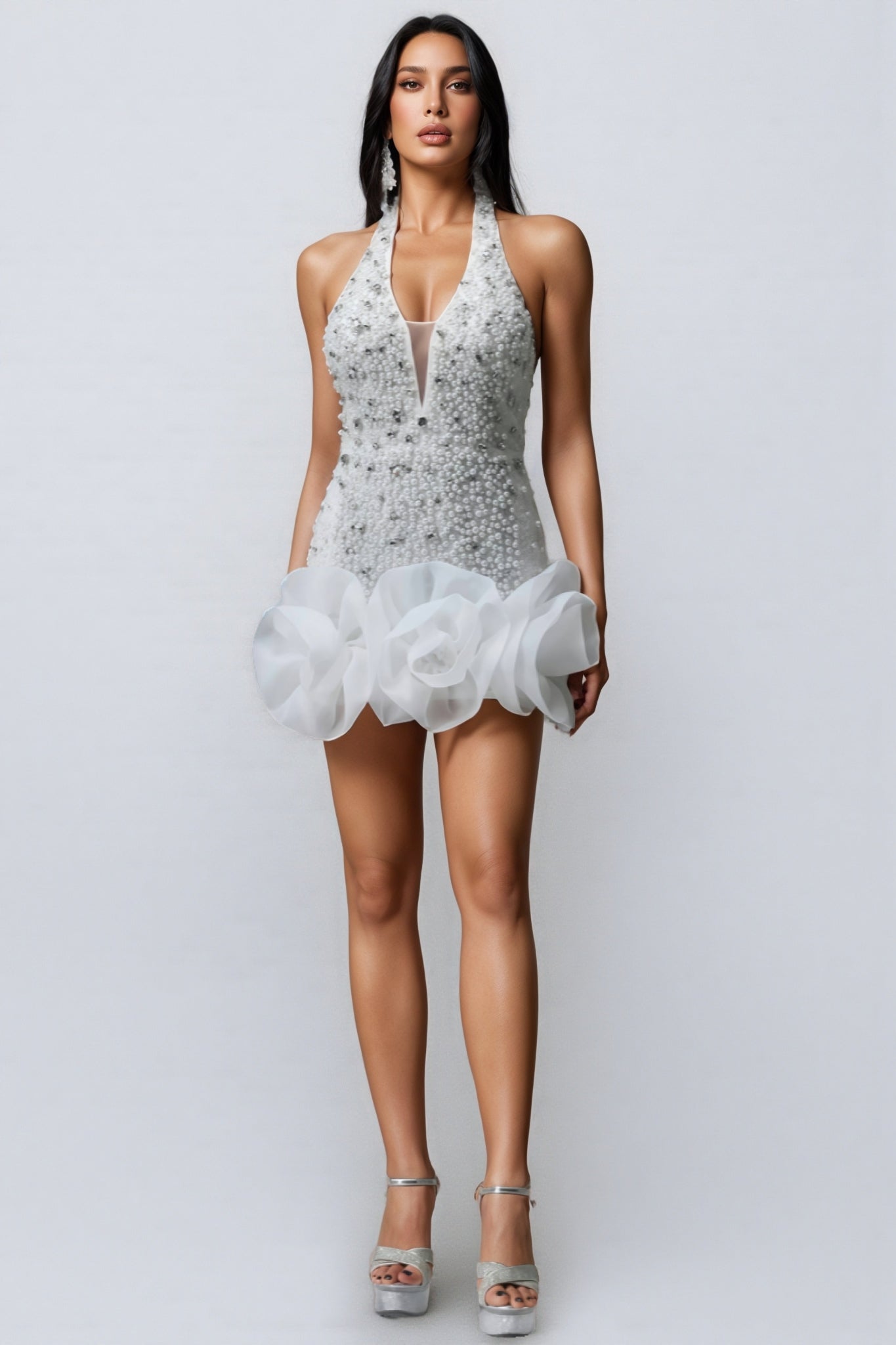 V-Neck 3D Floral Sequin Mini Dress