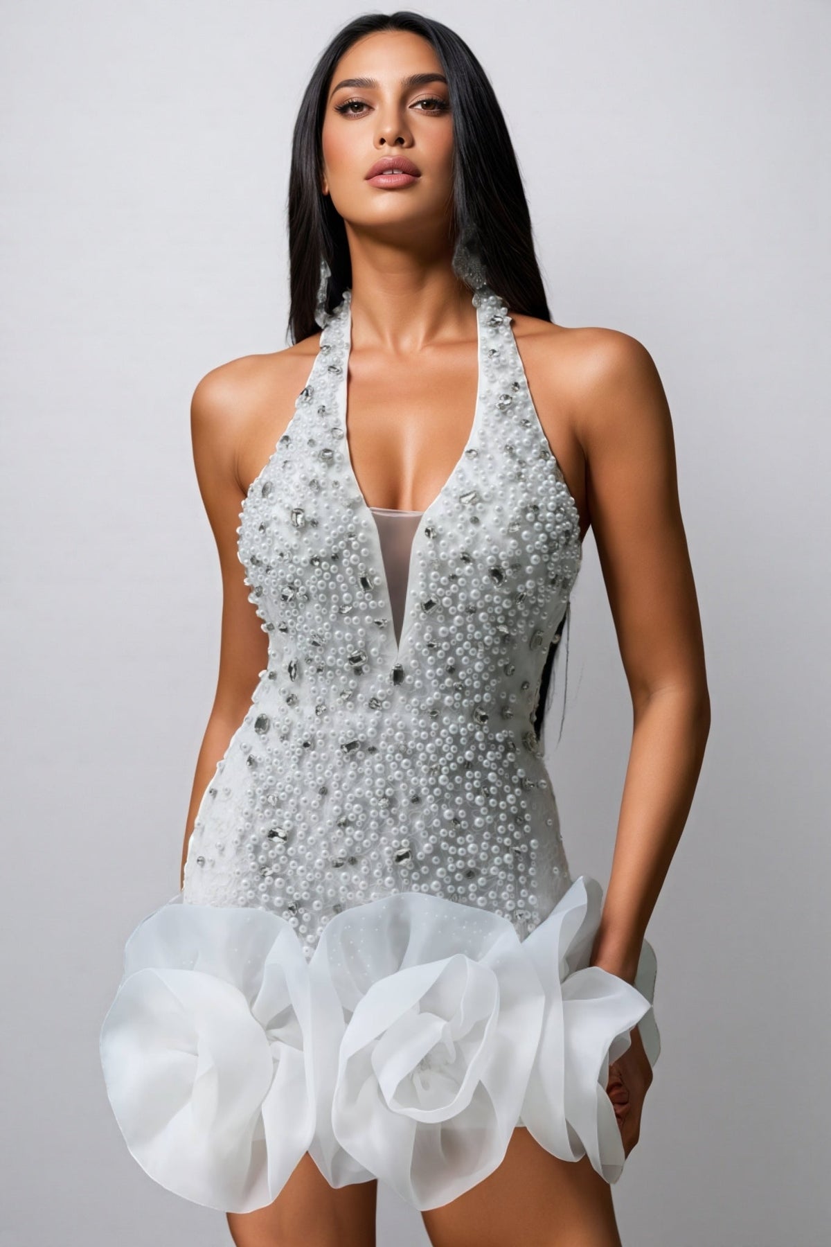 V-Neck 3D Floral Sequin Mini Dress - View 4
