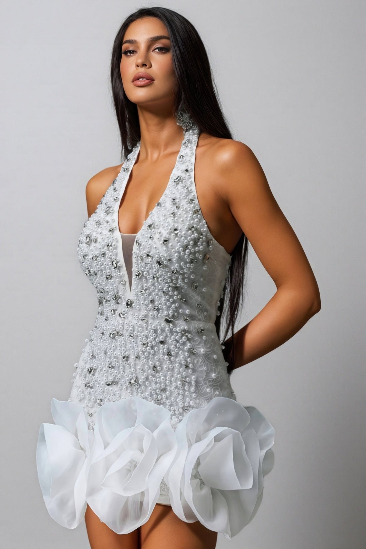 V-Neck 3D Floral Sequin Mini Dress - View 3