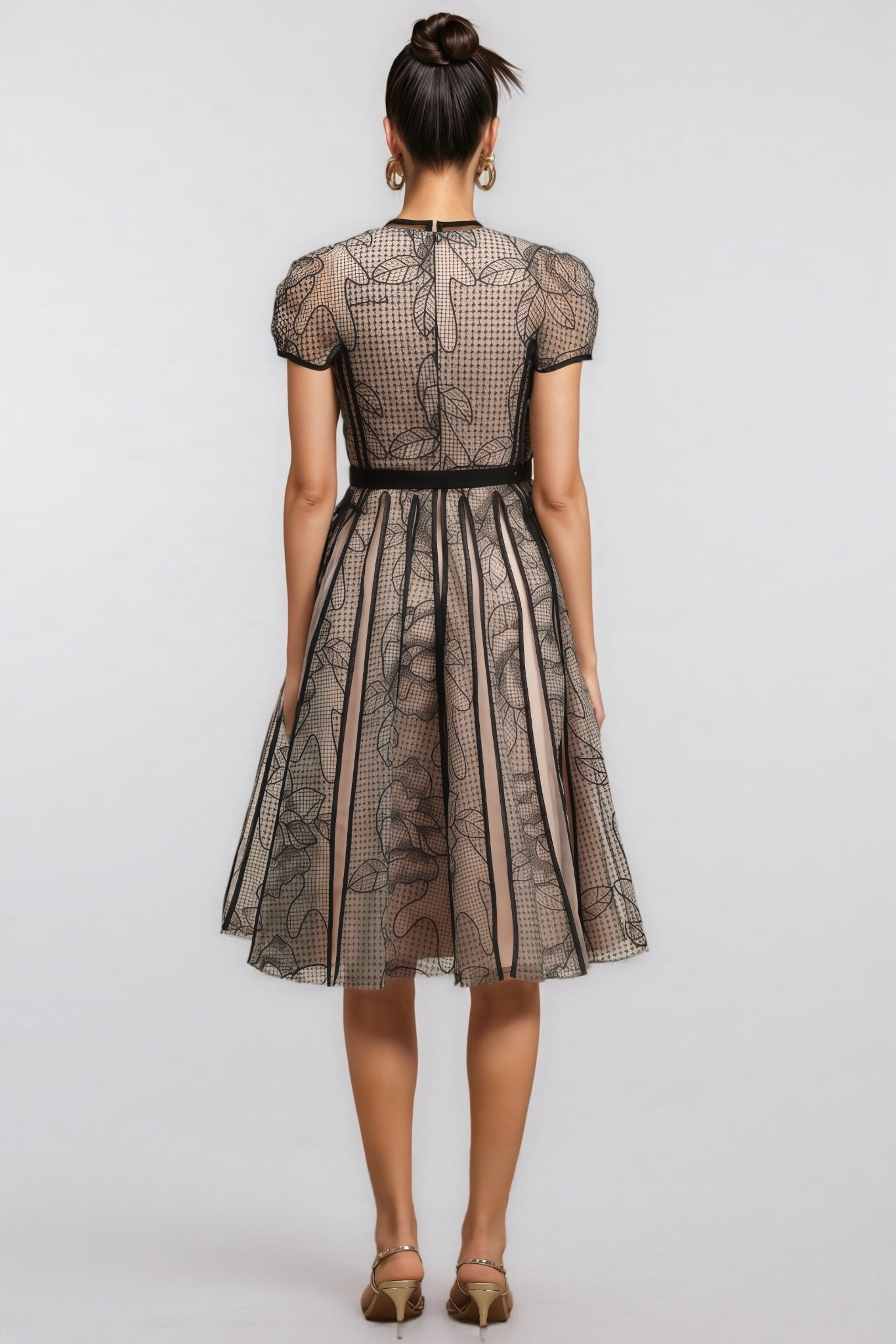 Floral Mesh Cap Sleeve Piped Panel Fit and Flare Midi Dress