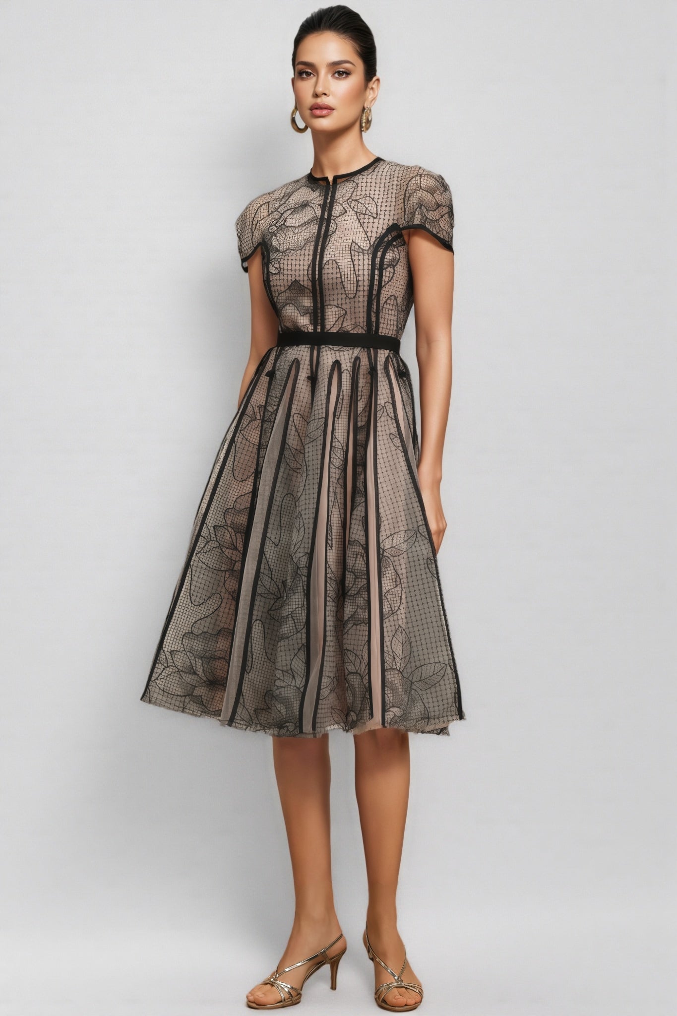 Floral Mesh Cap Sleeve Piped Panel Fit and Flare Midi Dress