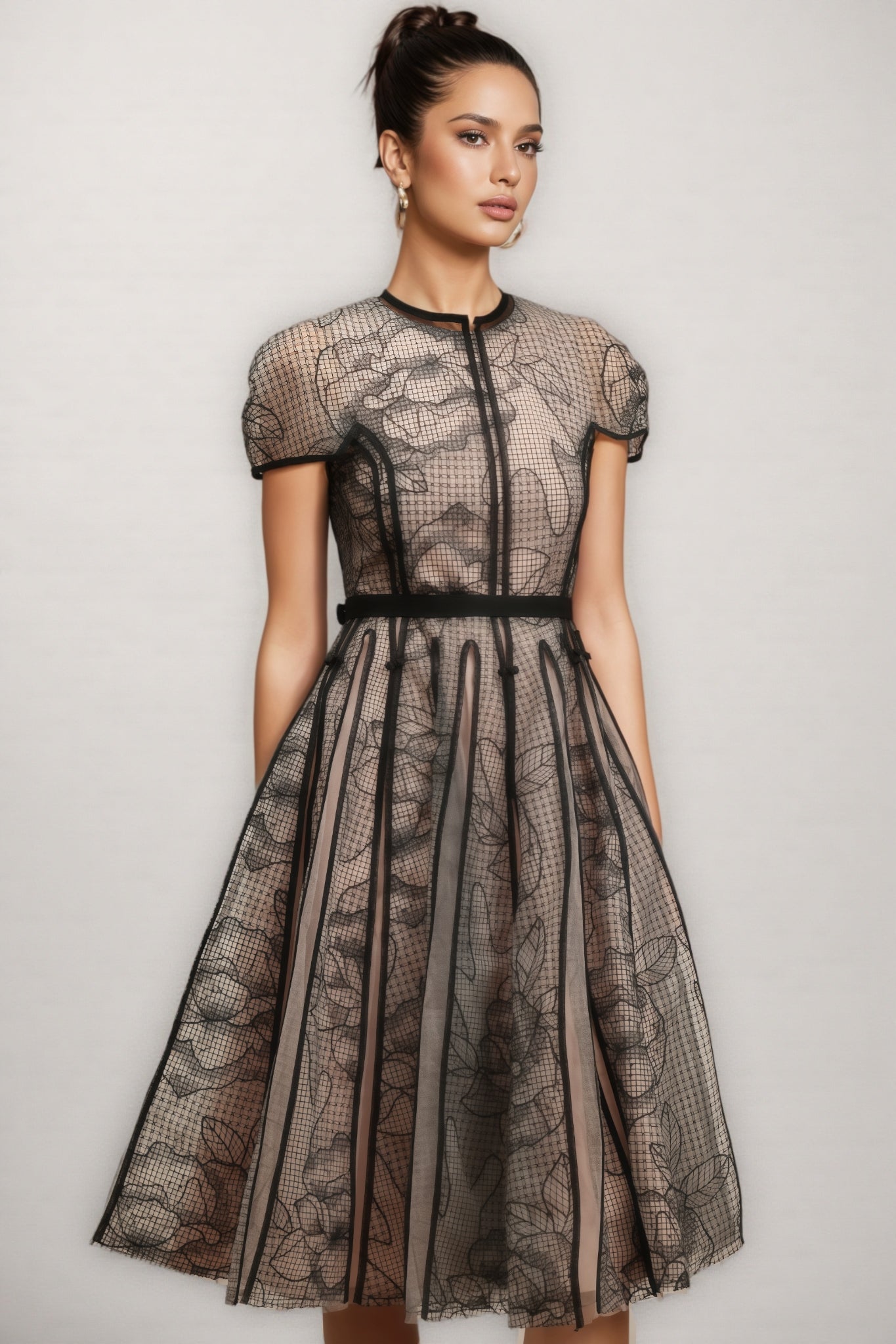 Floral Mesh Cap Sleeve Piped Panel Fit and Flare Midi Dress
