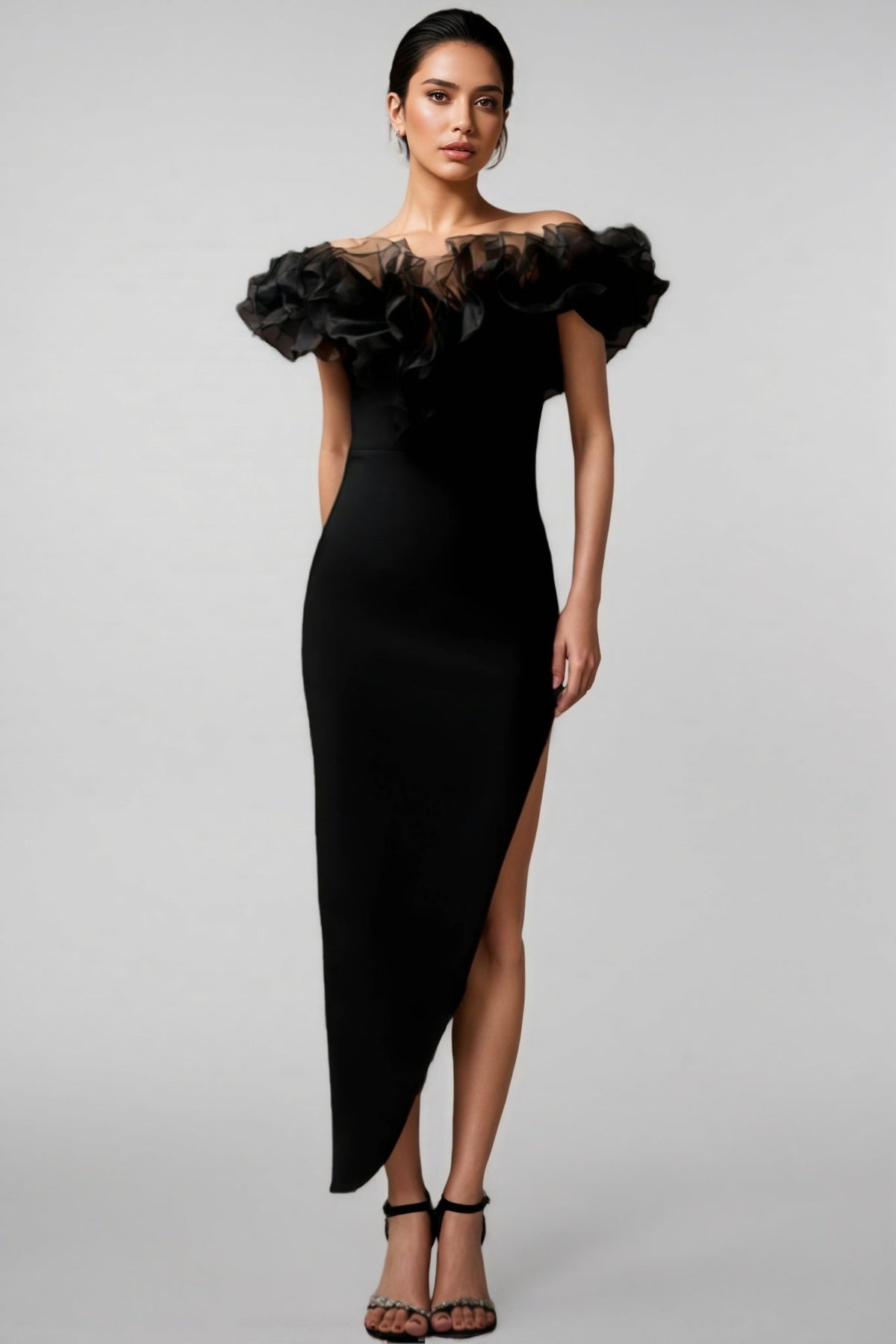 Off Shoulder Organza Ruffle Asymmetric High Split Bodycon Midi Dress