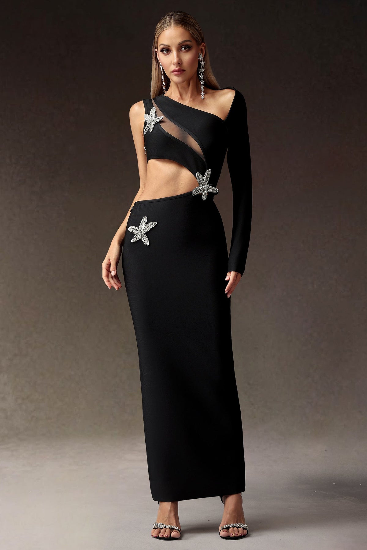 One Shoulder Long Sleeve Cut Out Starfish Embellished Bandage Maxi Dress
