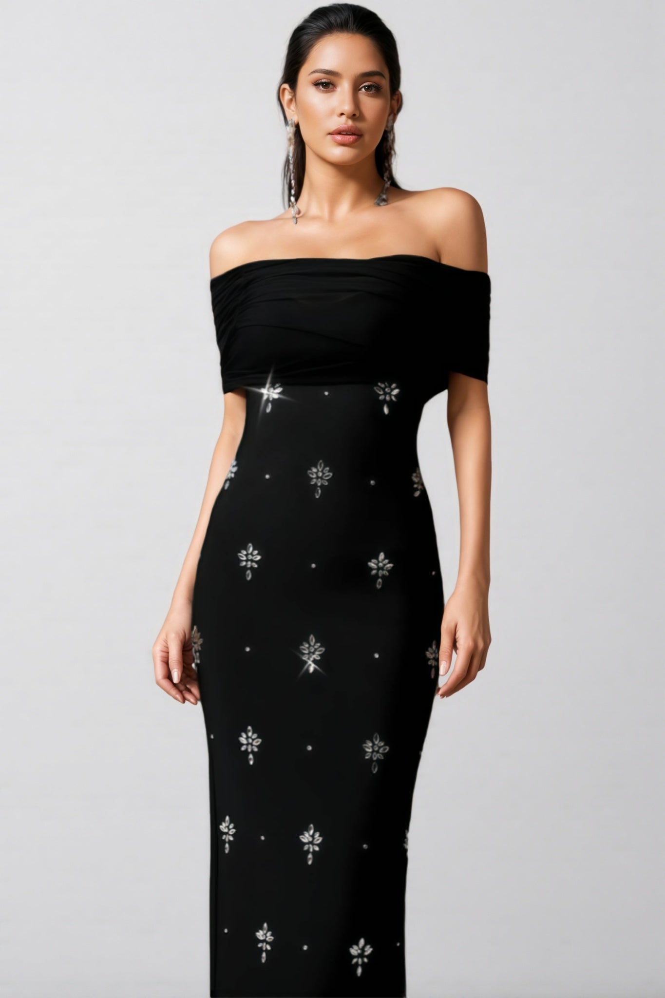Off Shoulder Crossover Drape Starburst Print Column Maxi Gown