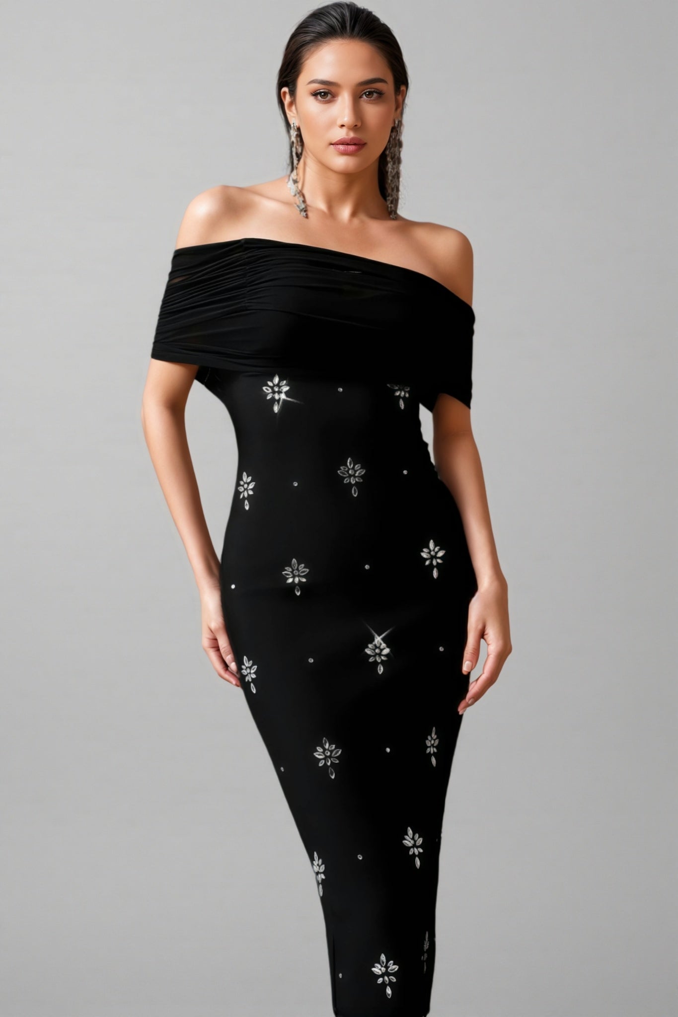 Off Shoulder Crossover Drape Starburst Print Column Maxi Gown