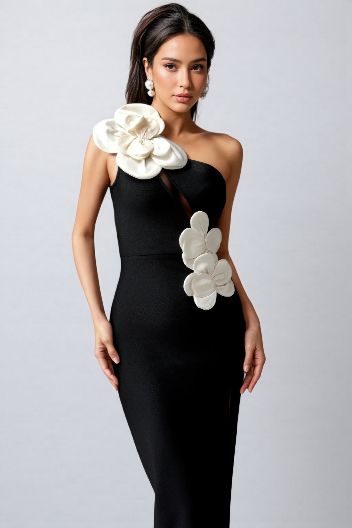 Caldlt Flowers High Slit One Shoulder Bandage Maxi Dress - View 3