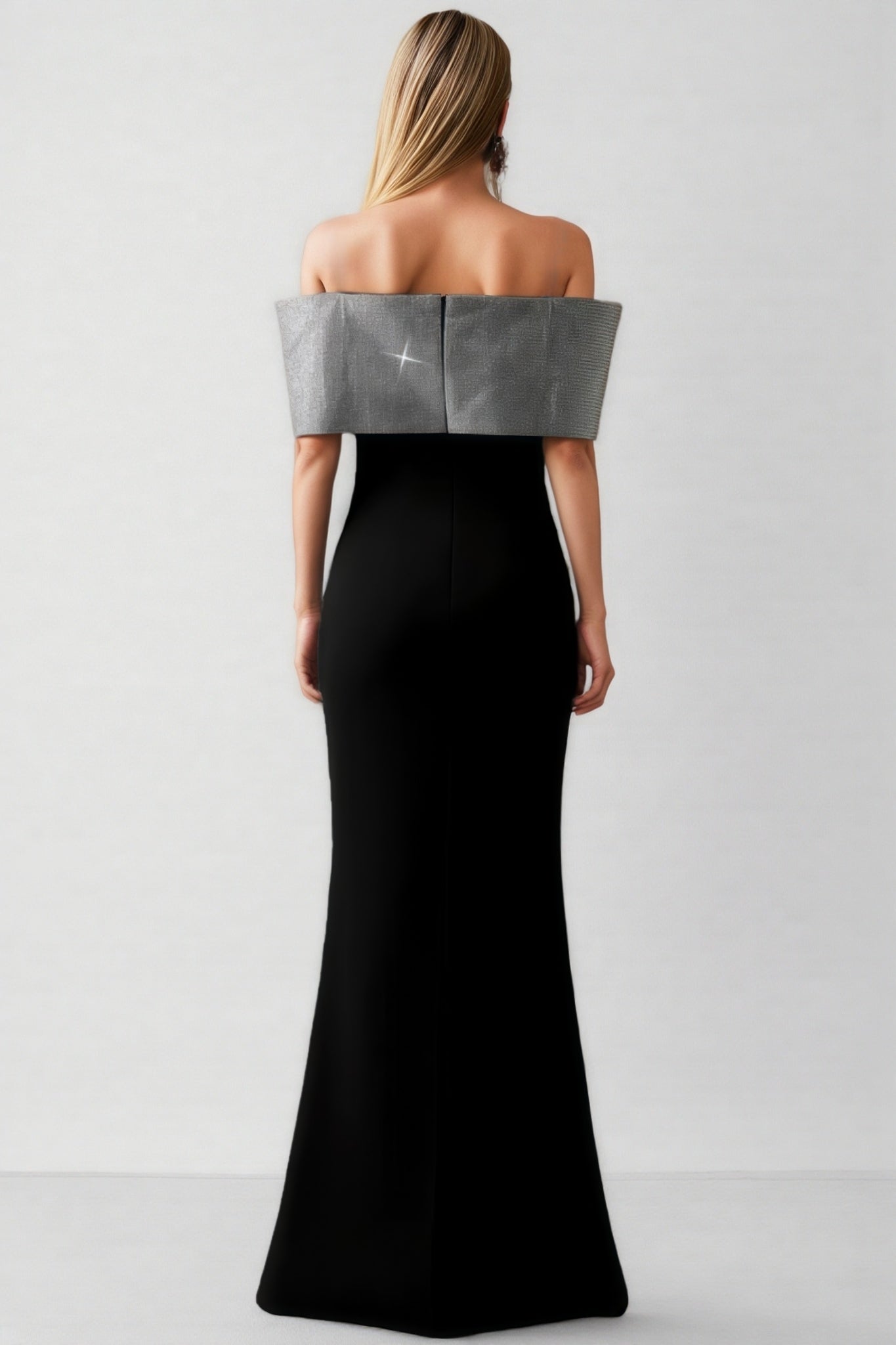 Off Shoulder Metallic Bow Bodycon Maxi Gown
