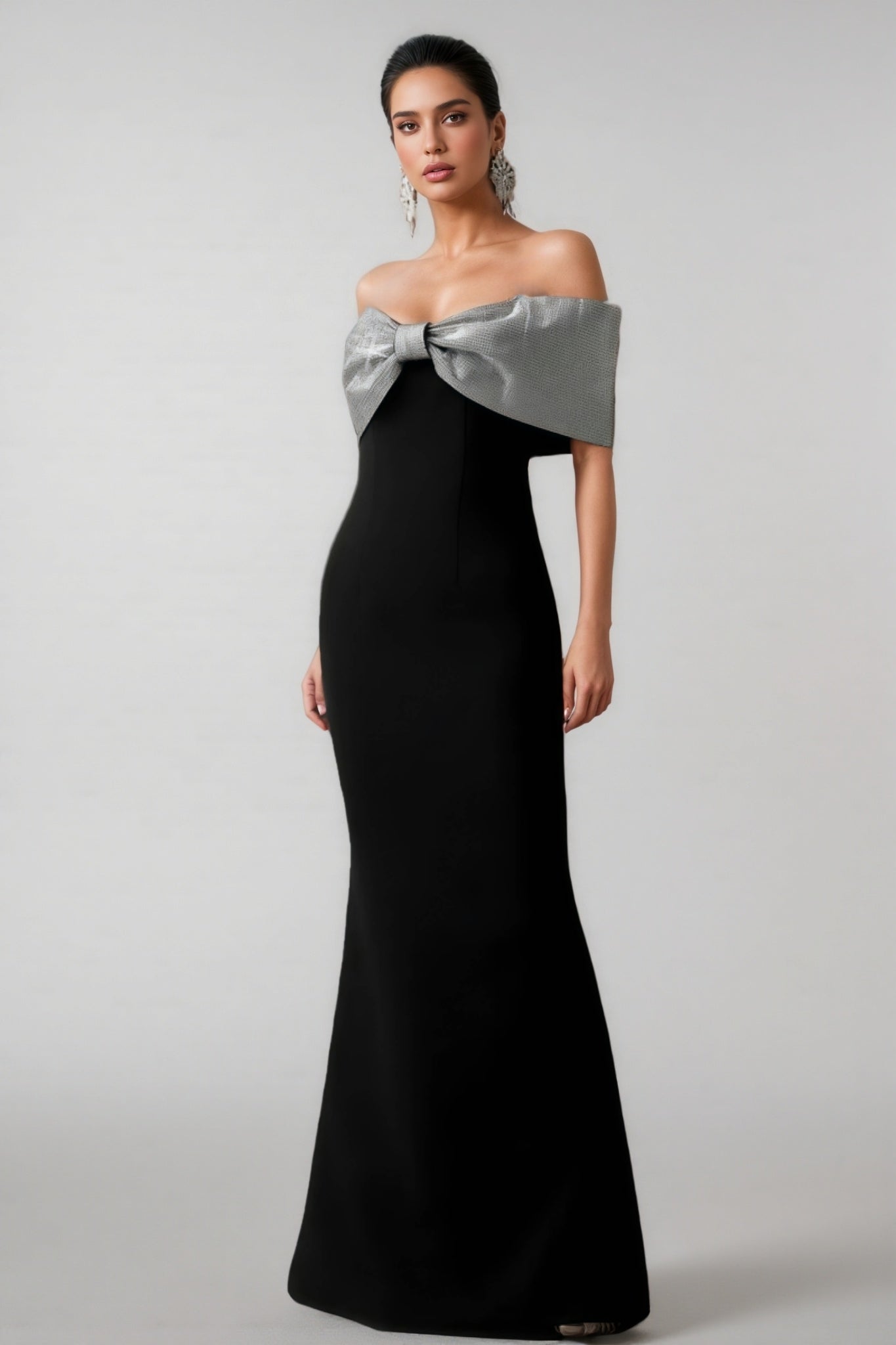 Off Shoulder Metallic Bow Bodycon Maxi Gown