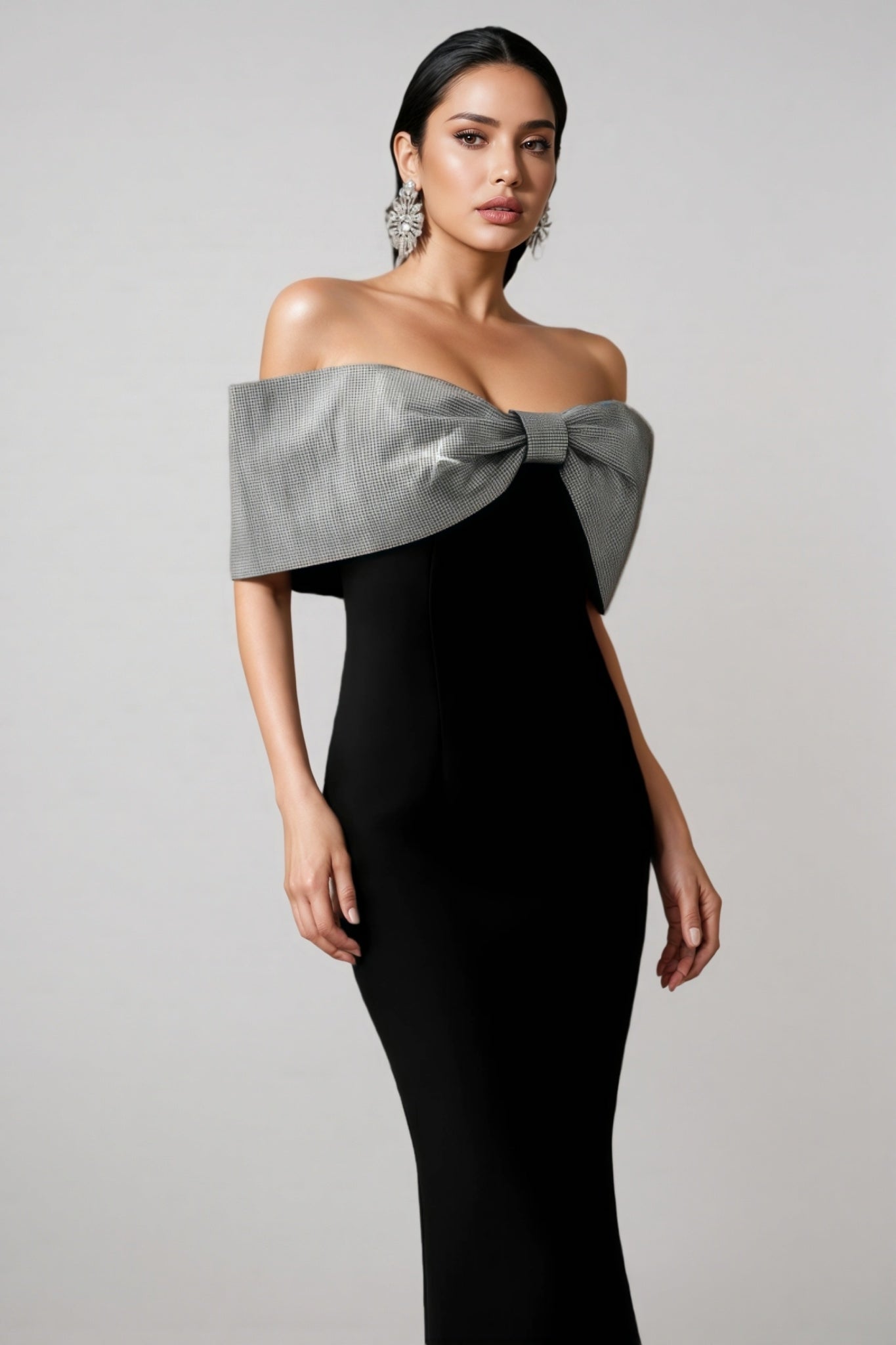 Off Shoulder Metallic Bow Bodycon Maxi Gown