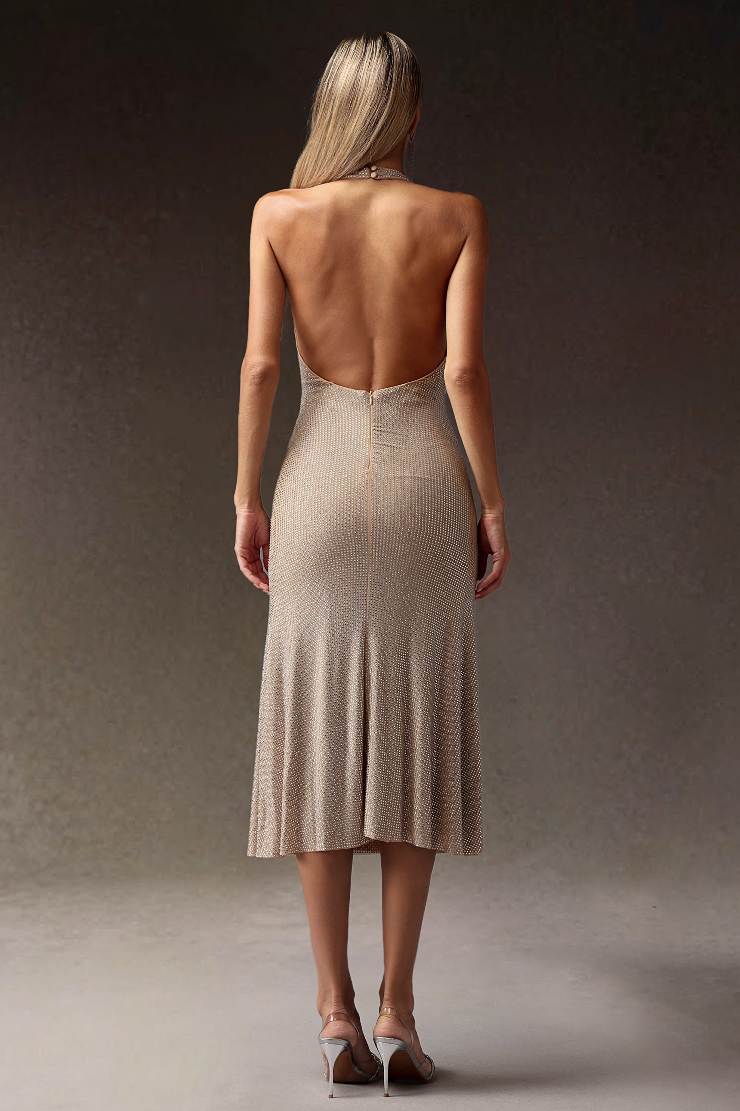 Deep-V Diamond Slim Backless Midi Dress - View 6