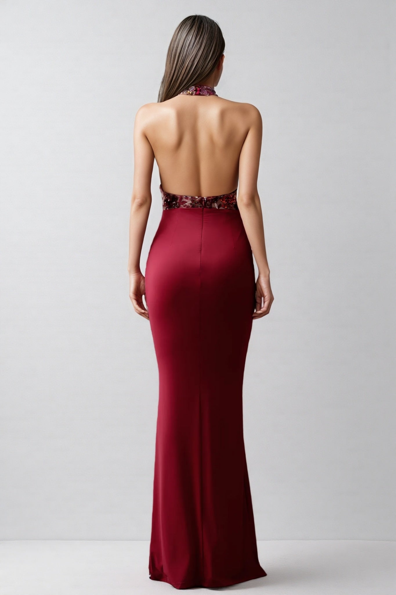 Floral Sequin Halter Neck Ruched Mermaid Maxi Gown