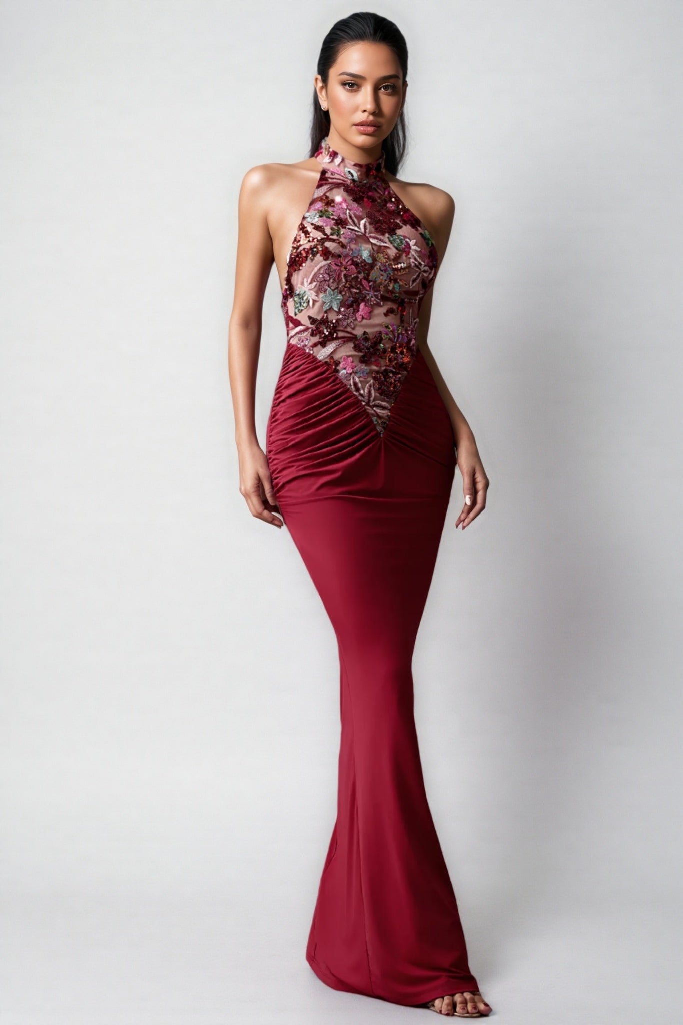 Floral Sequin Halter Neck Ruched Mermaid Maxi Gown