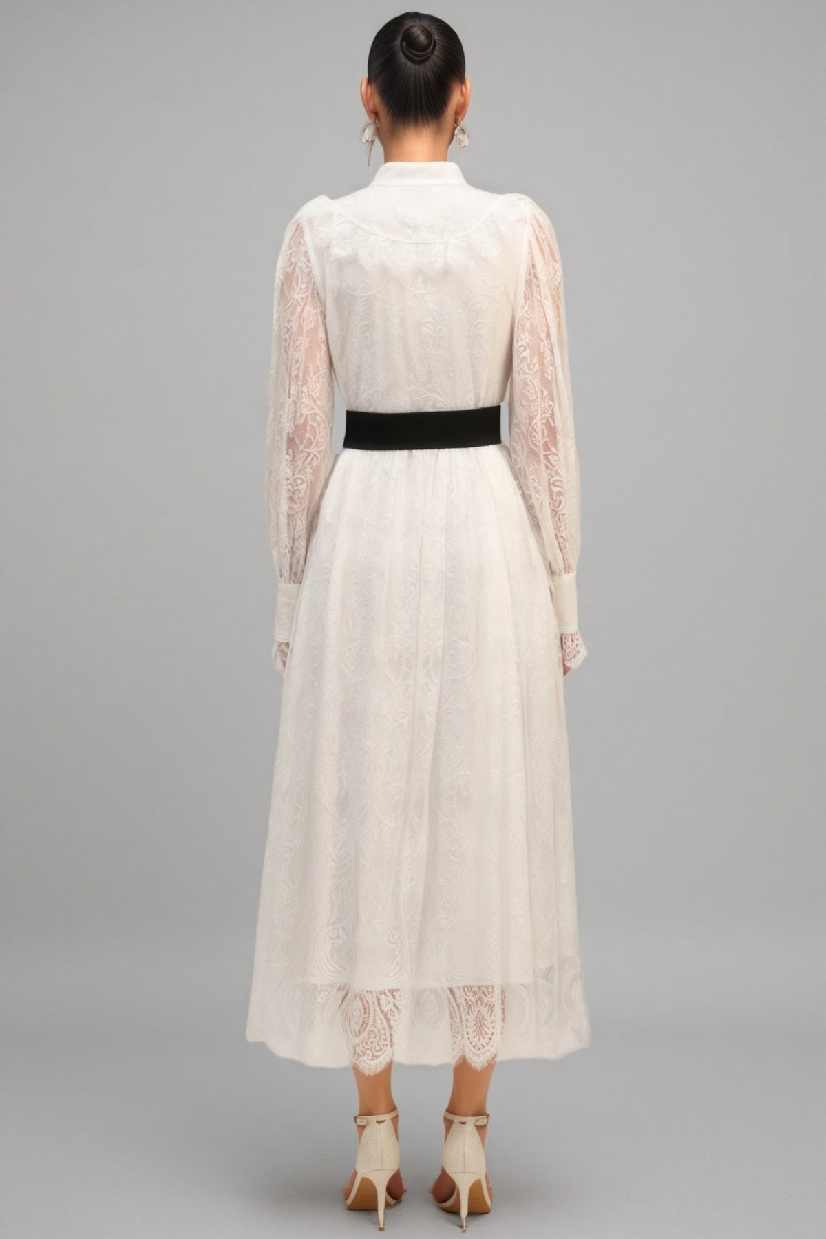 Lace Mock Neck Sheer Lantern Sleeve Button Front Belted Midi Dress 5