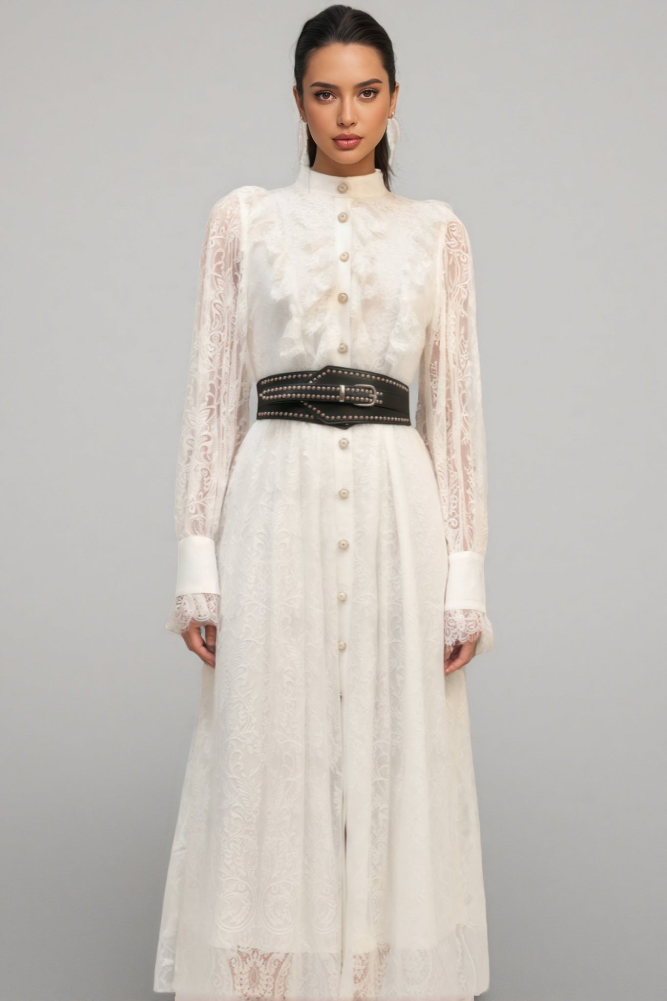 Starsha Long Sleeves Folds Lace Midi Dress - View 4