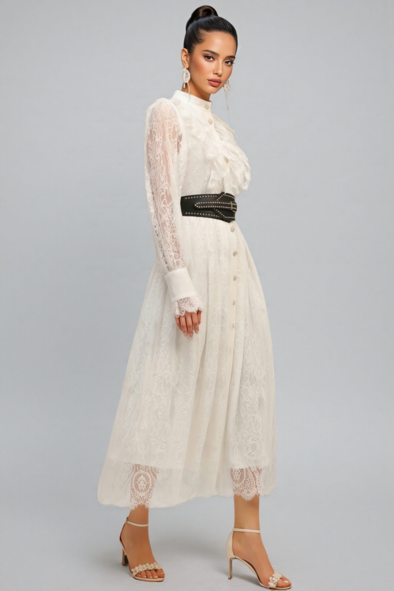 Starsha Long Sleeves Folds Lace Midi Dress - View 2