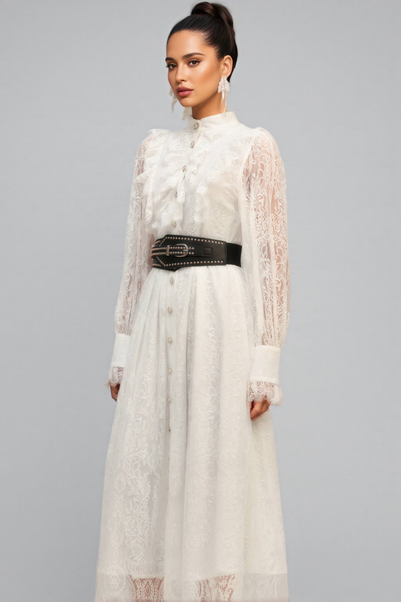 Starsha Long Sleeves Folds Lace Midi Dress - View 3