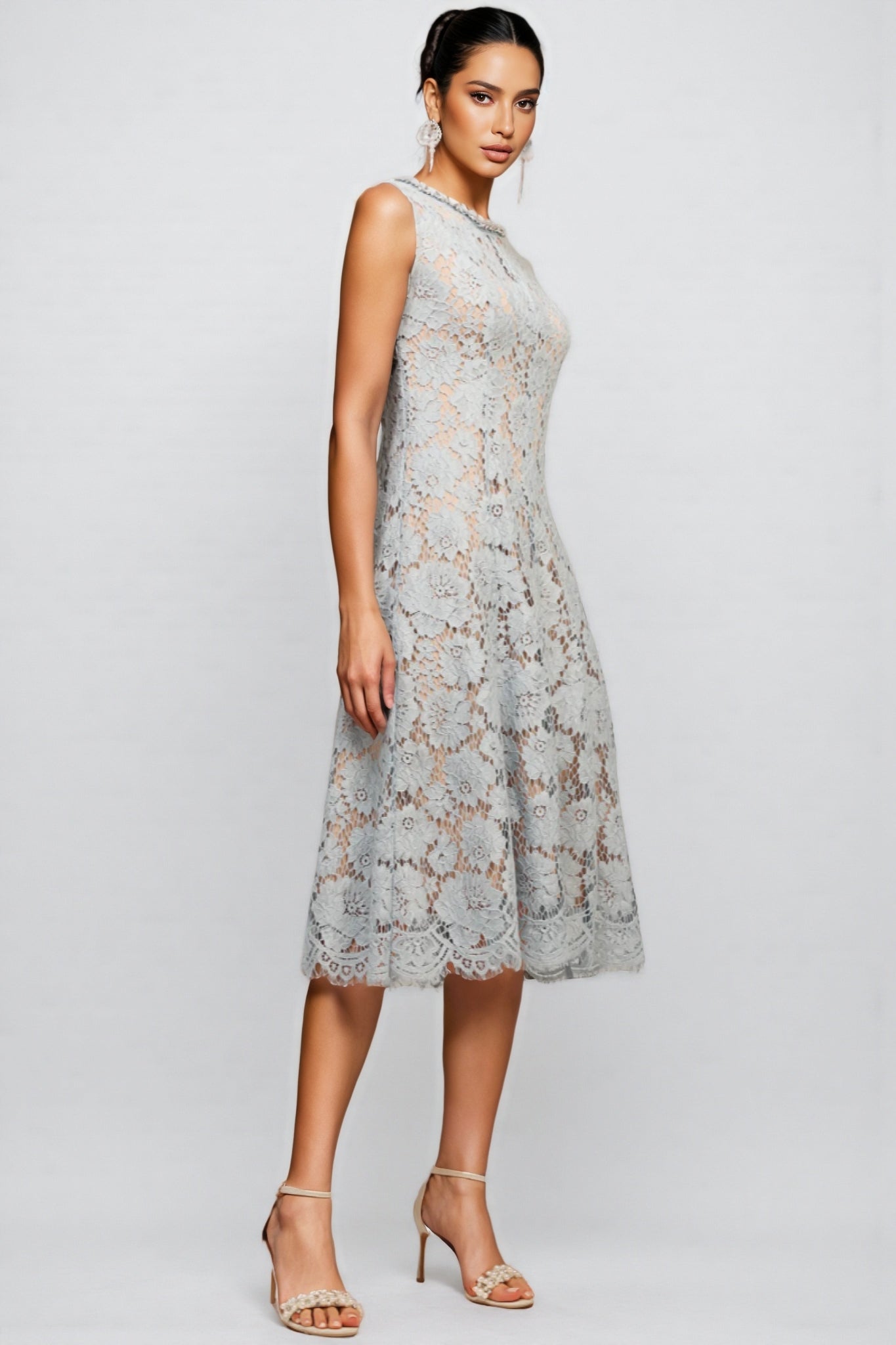 Crystal Collar Floral Lace Overlay Scalloped Hem Midi Dress