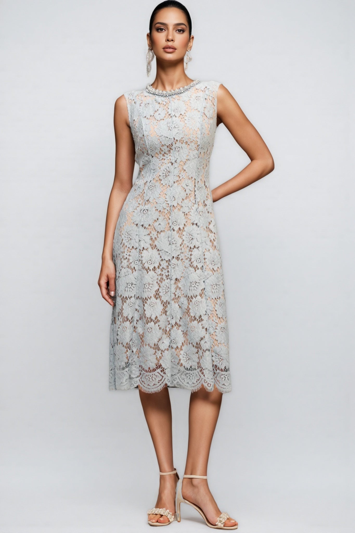 Crystal Collar Floral Lace Overlay Scalloped Hem Midi Dress