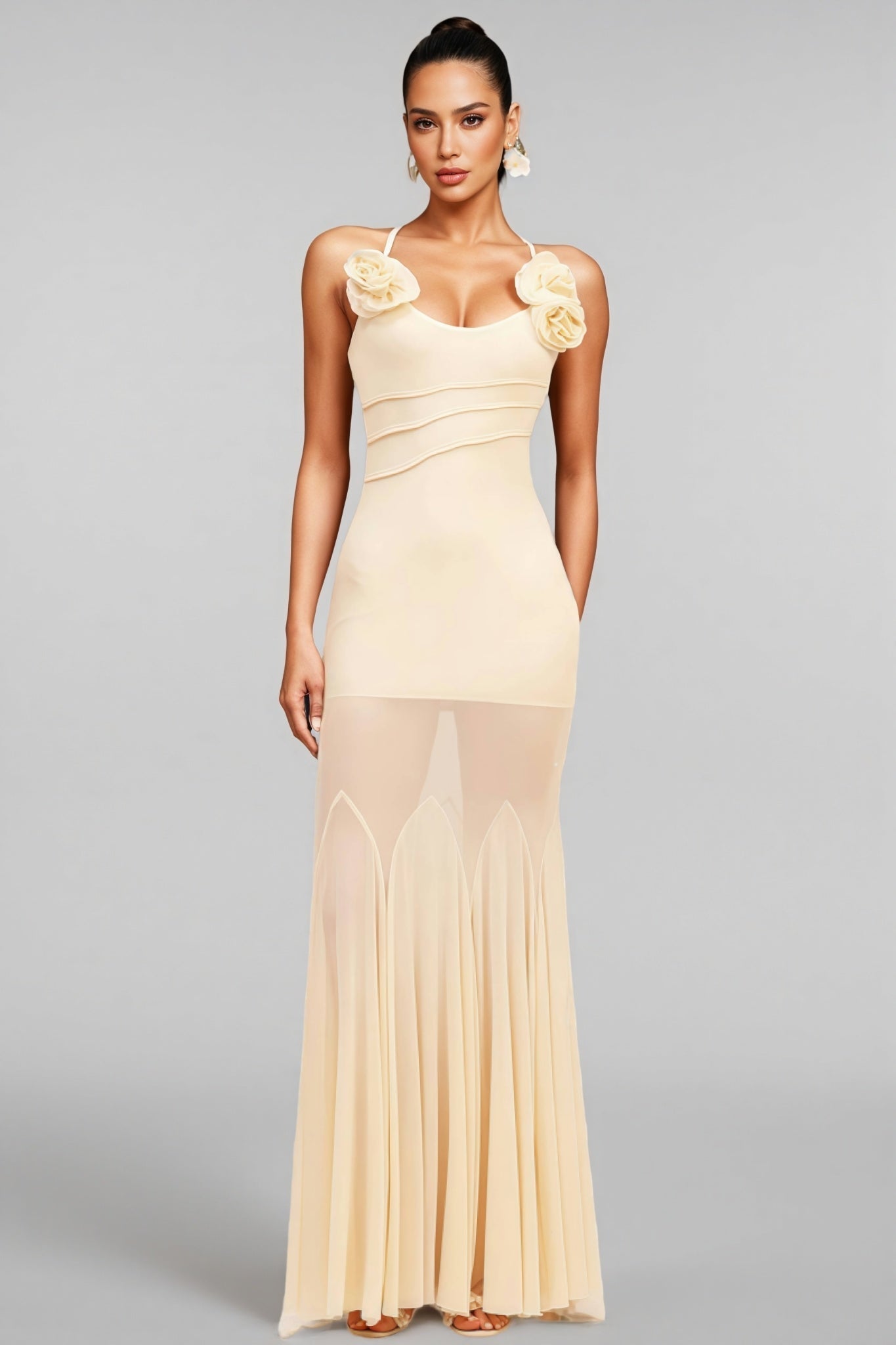 3D Rosette Strap Sheer Mesh Mermaid Maxi Dress