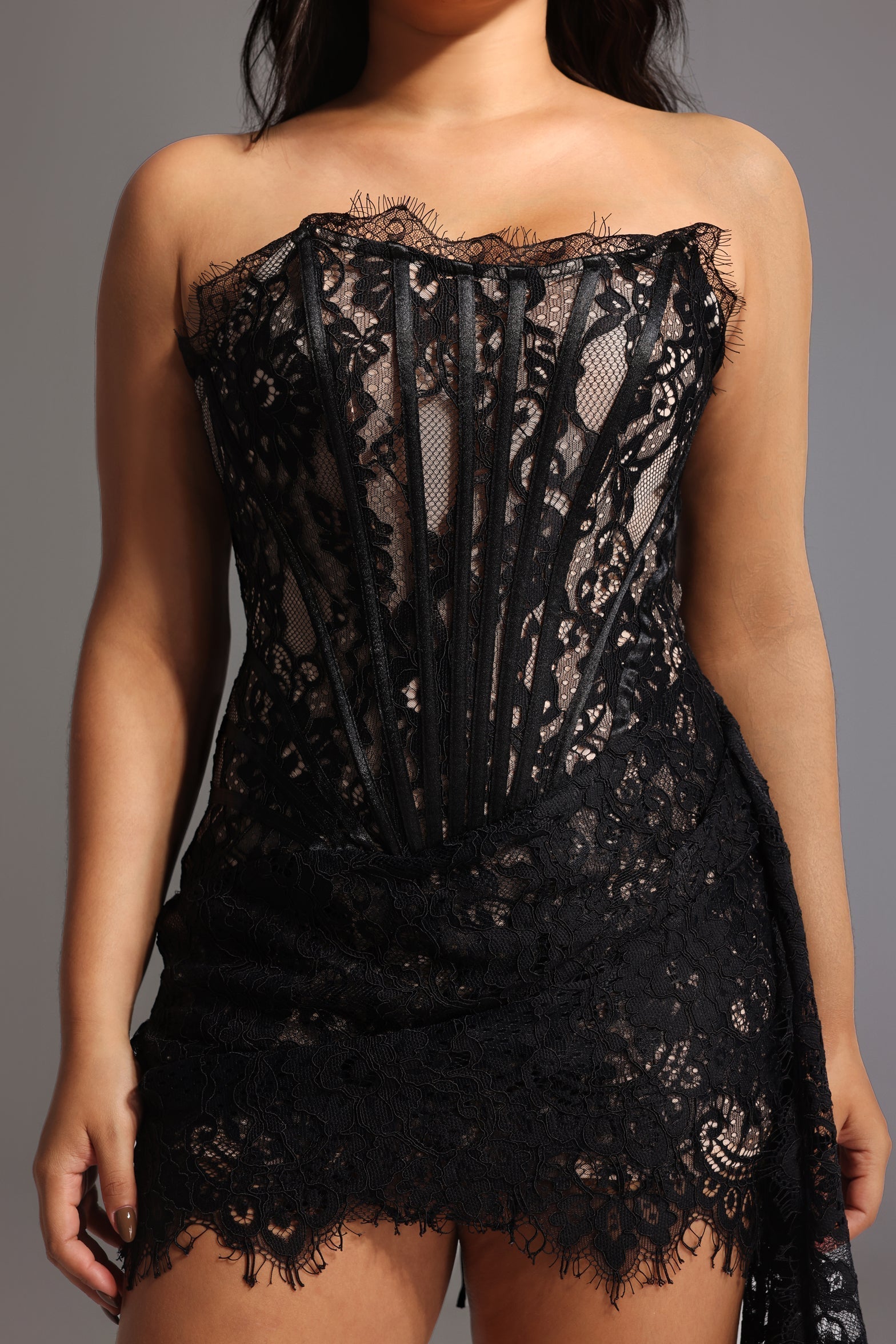 Lace Strapless Corset Ruched Asymmetric Mini Dress