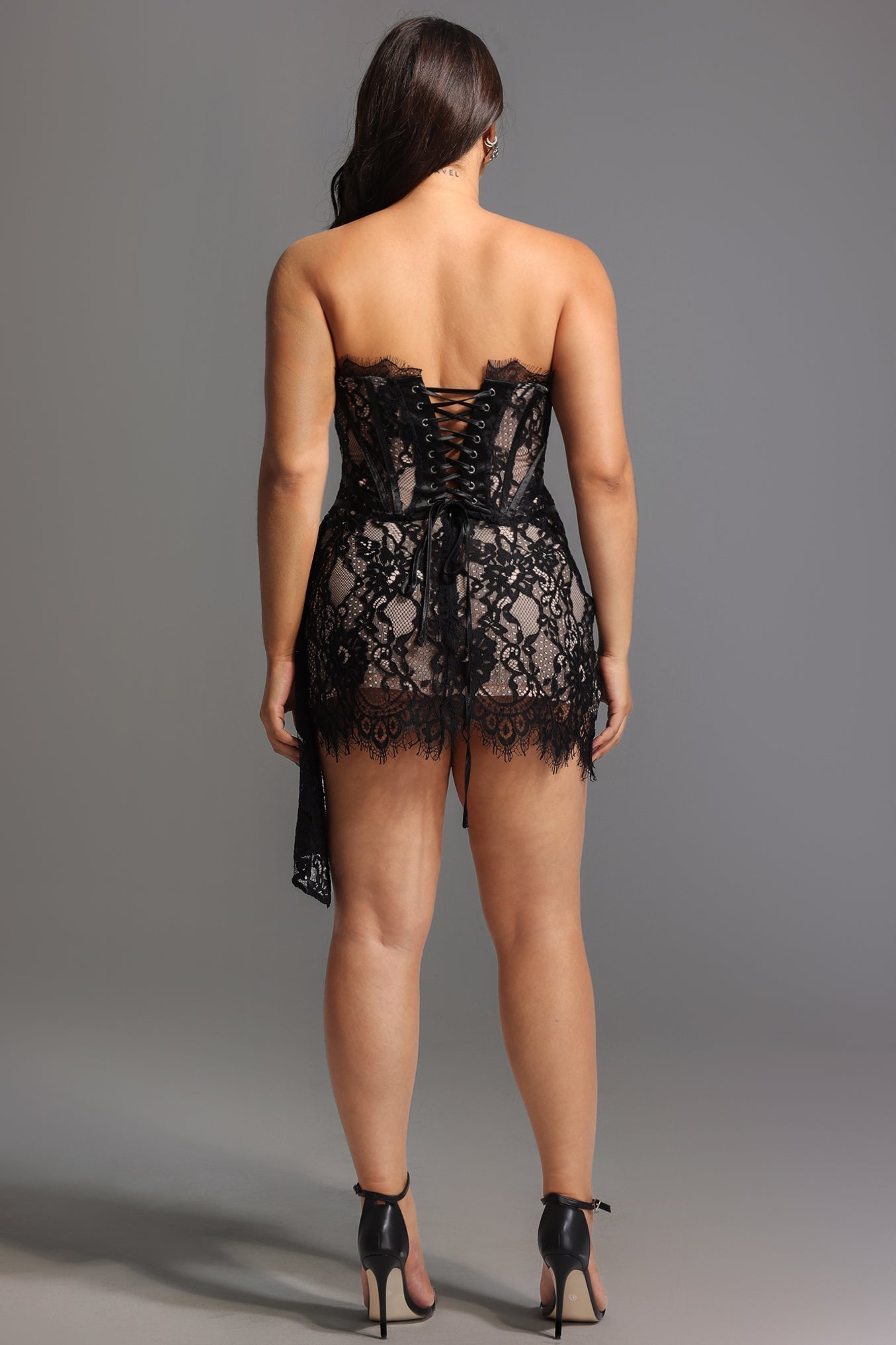 Lace Strapless Corset Ruched Asymmetric Mini Dress