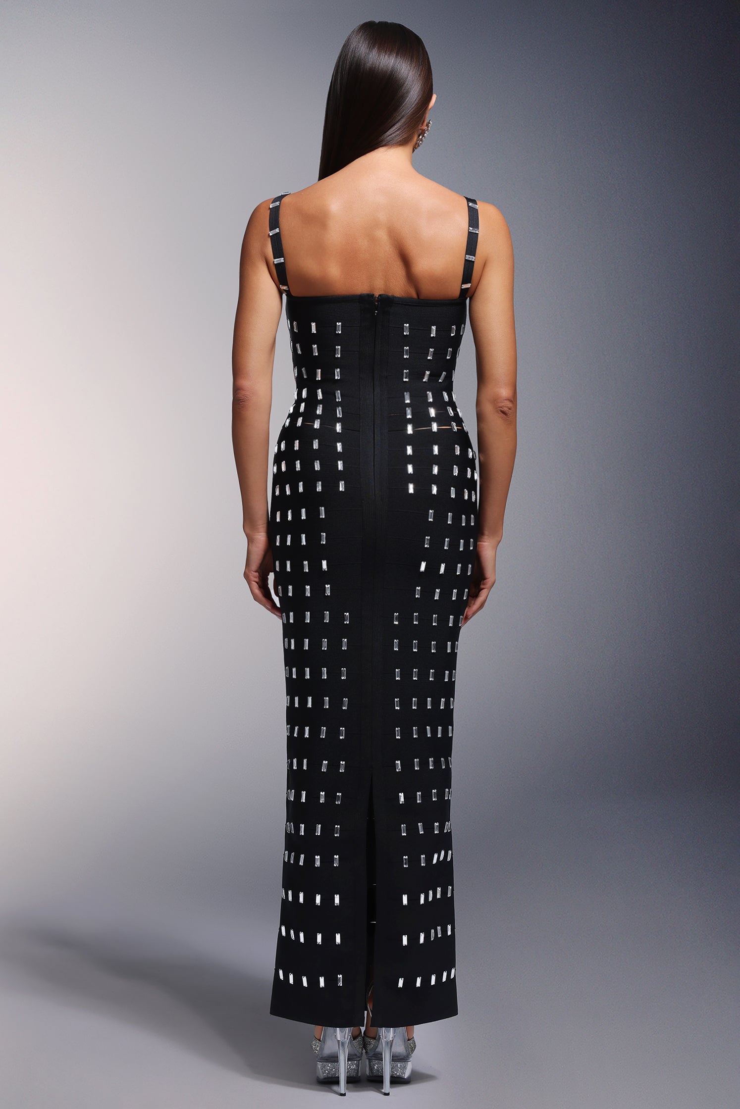 Rhinestone Grid Square Neck Cut Out Waist Bandage Maxi Dress