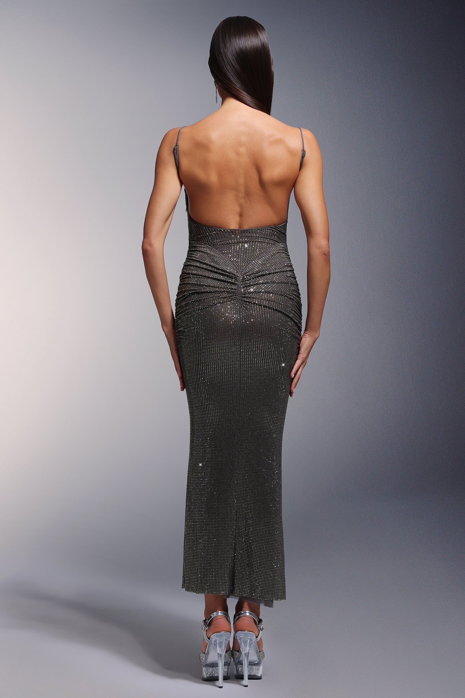 Crystal Grid Mesh Spaghetti Strap Square Neck Ruched Waist Bodycon Maxi Dress