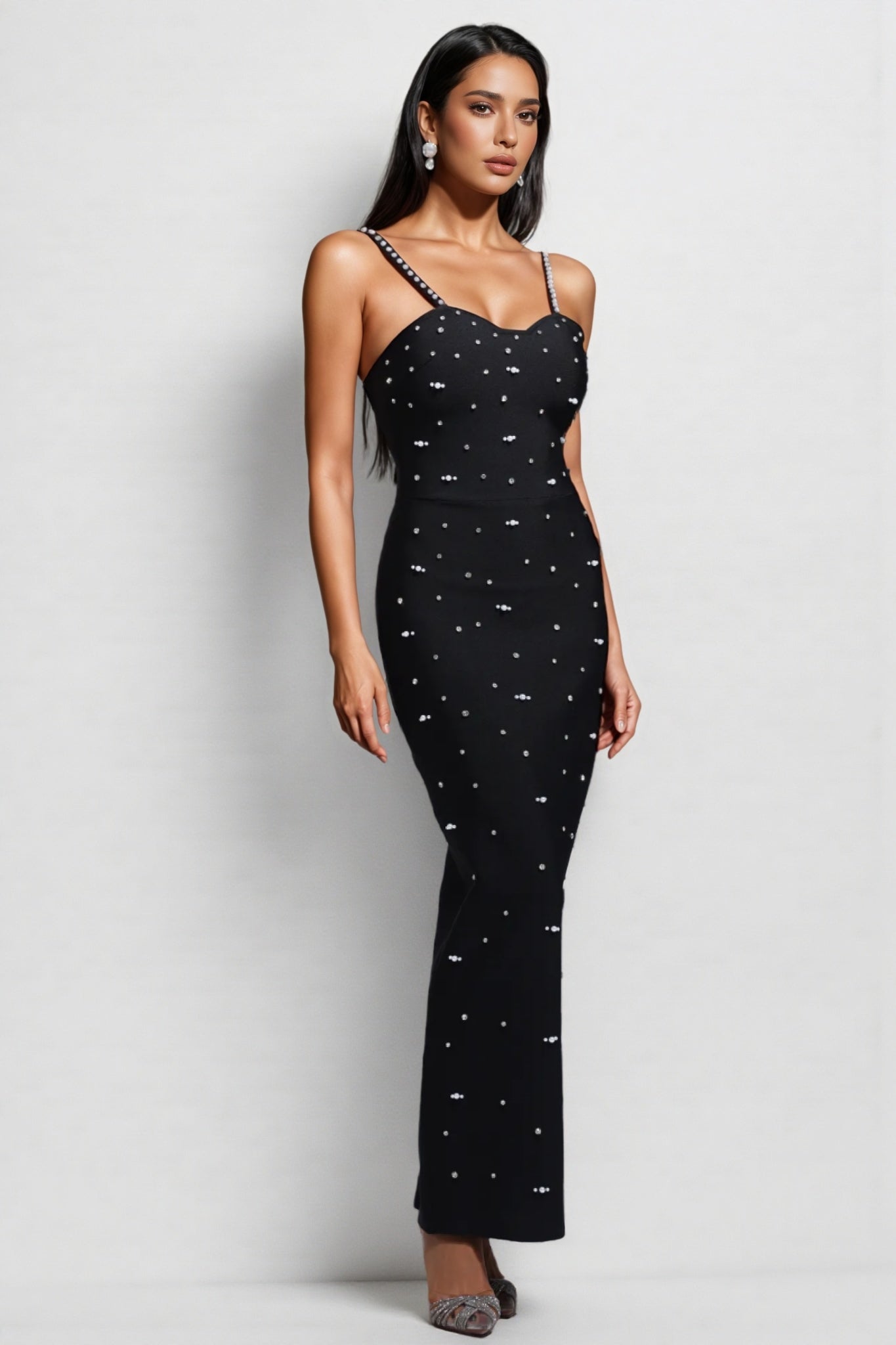 Rhinestone Beaded Spaghetti Strap Sweetheart Neck Bodycon Maxi Gown