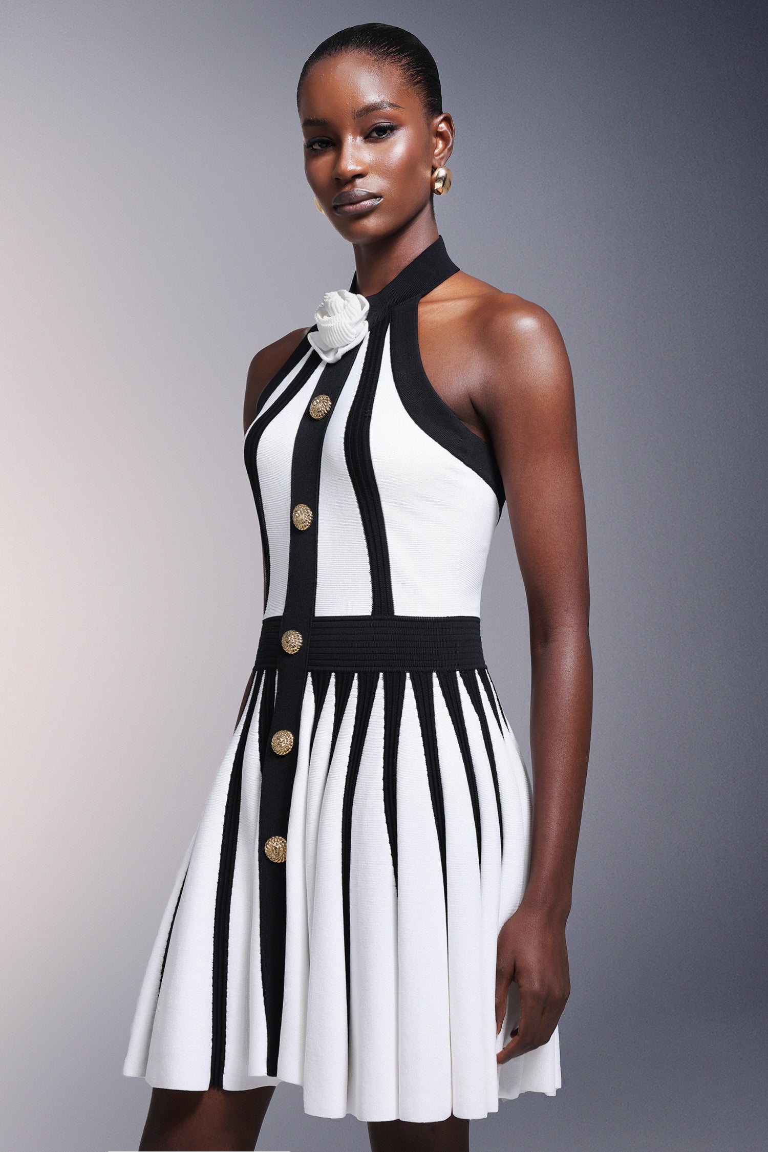 Flower Halter Stripes Mini Dress