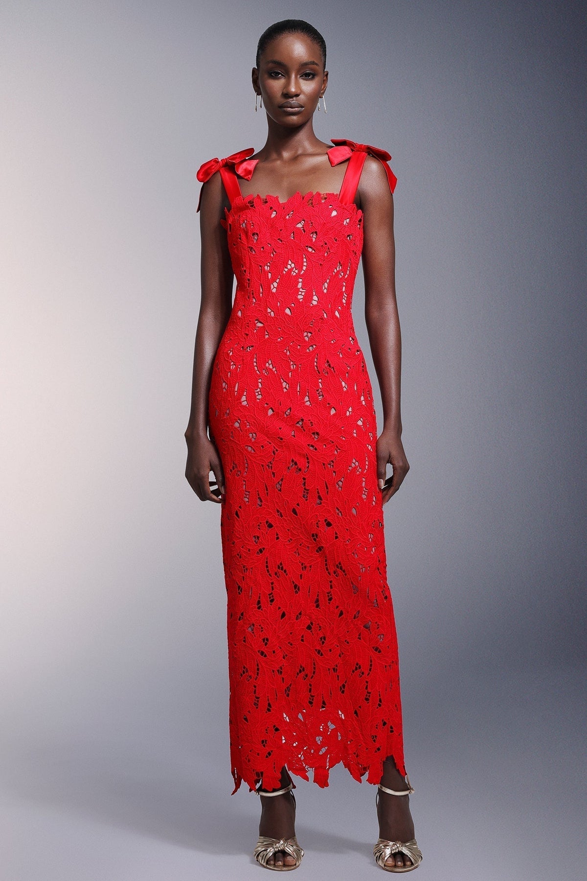 Floral Guipure Lace Bow Strap Square Neck Scalloped Hem Maxi Dress