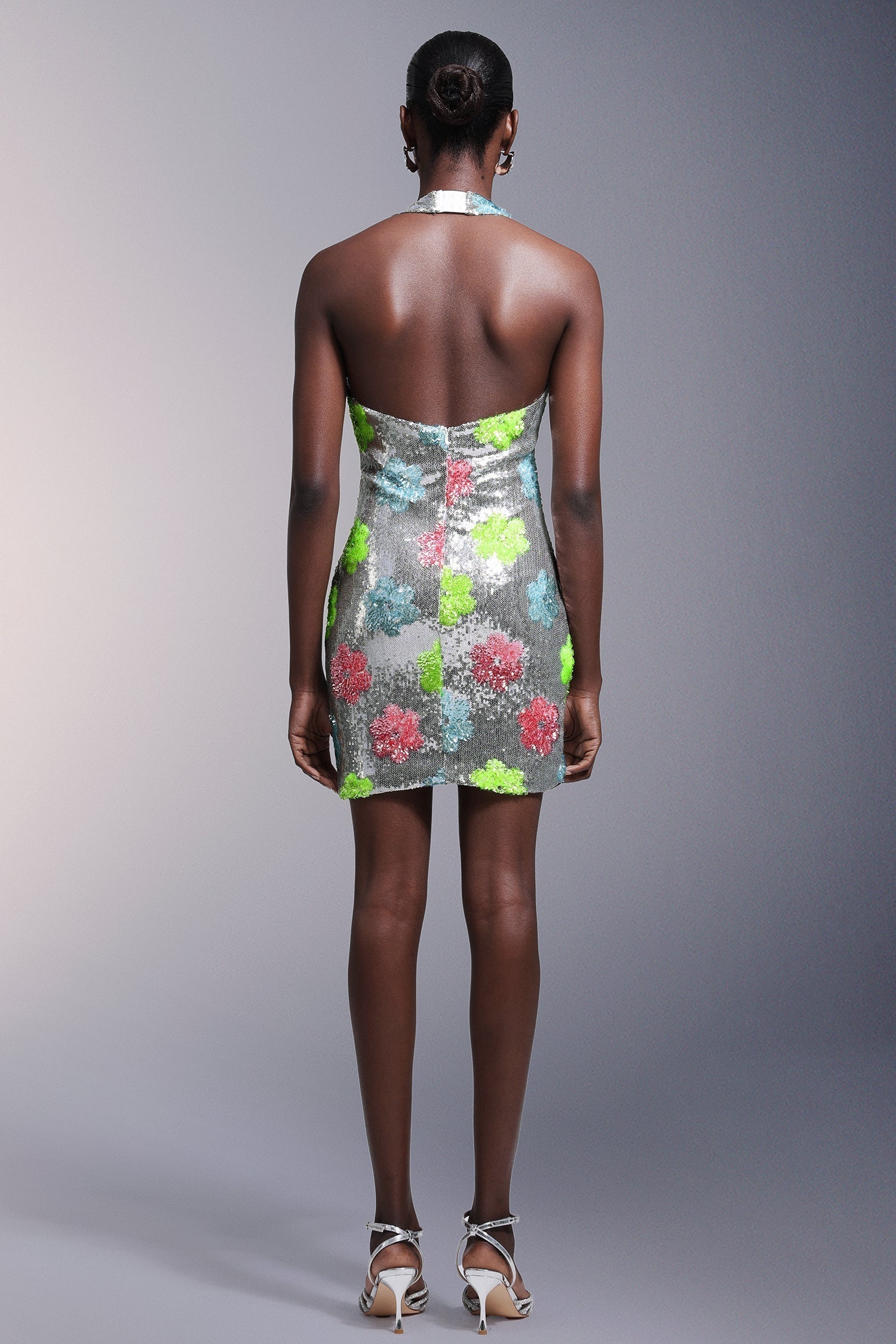 Floral Sequin Scoop Neck Backless Bodycon Mini Party Dress