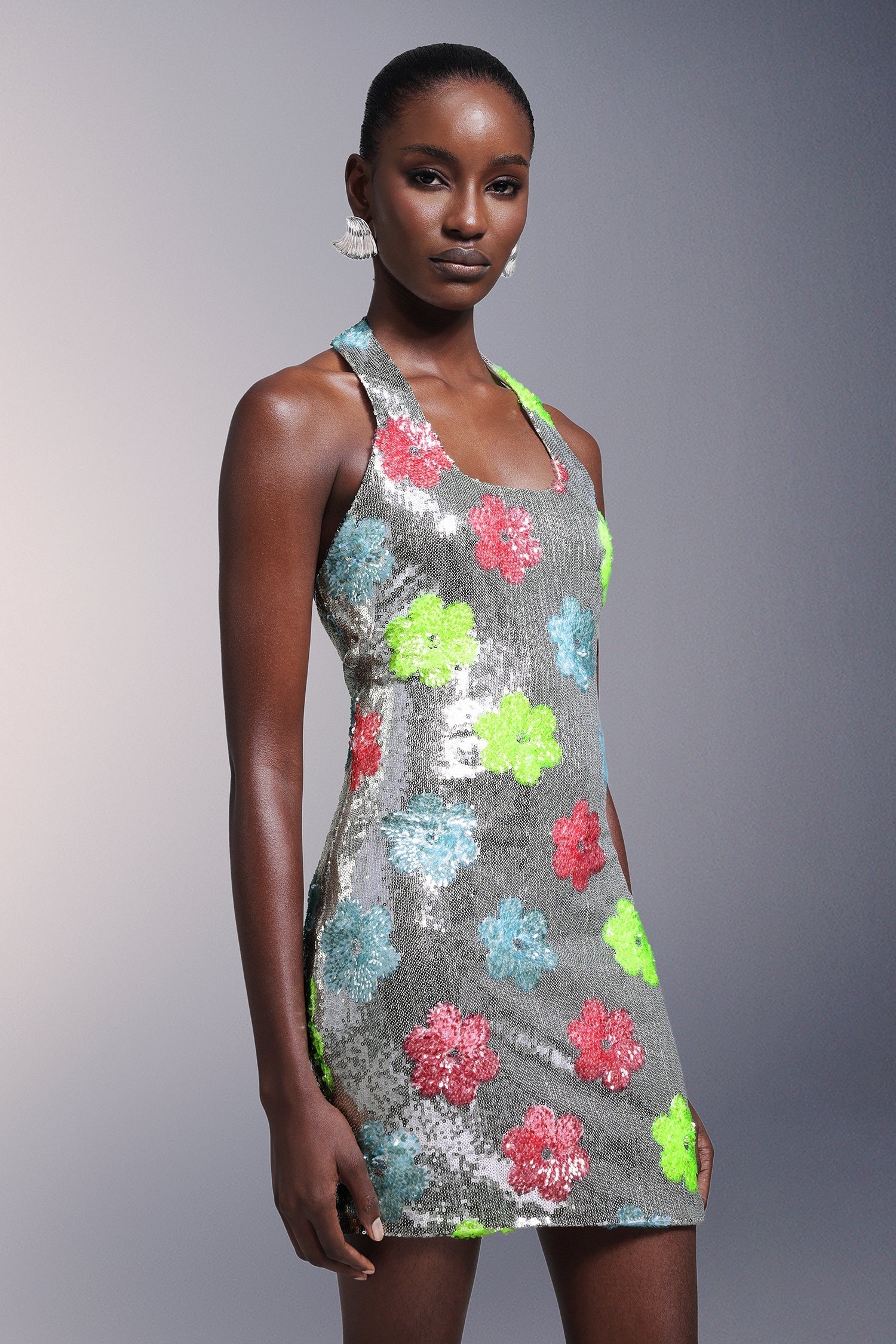 Floral Sequin Scoop Neck Backless Bodycon Mini Party Dress