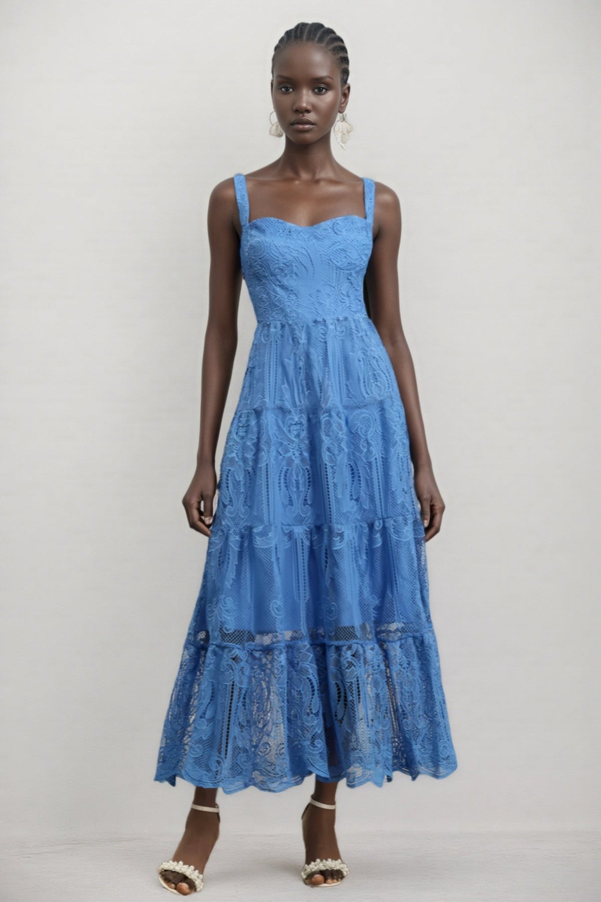 Embroidered Lace Sweetheart Neck Sleeveless Tiered Midi Dress