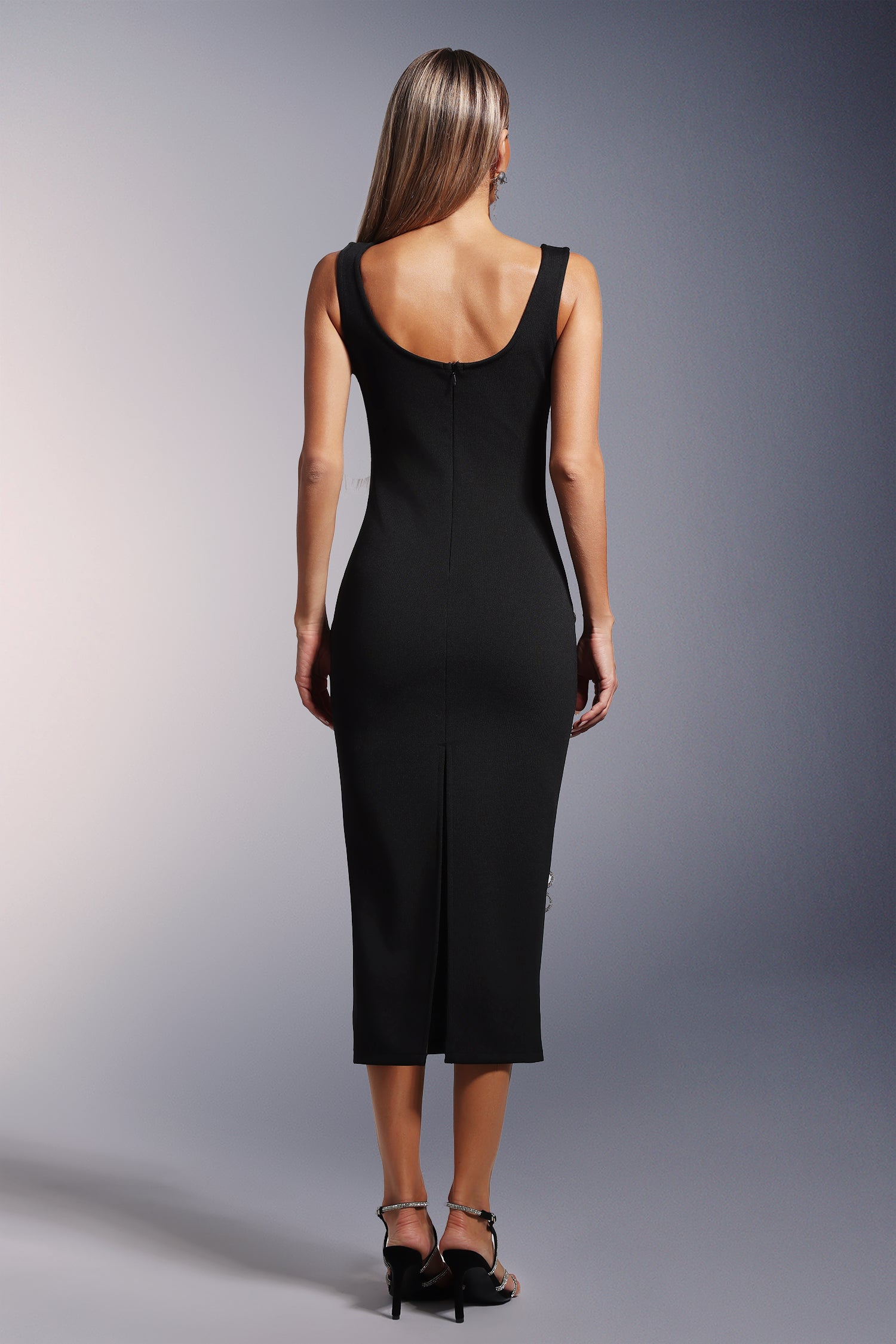 Bandage Scoop Neck Rhinestone Flower Bodycon Midi Dress
