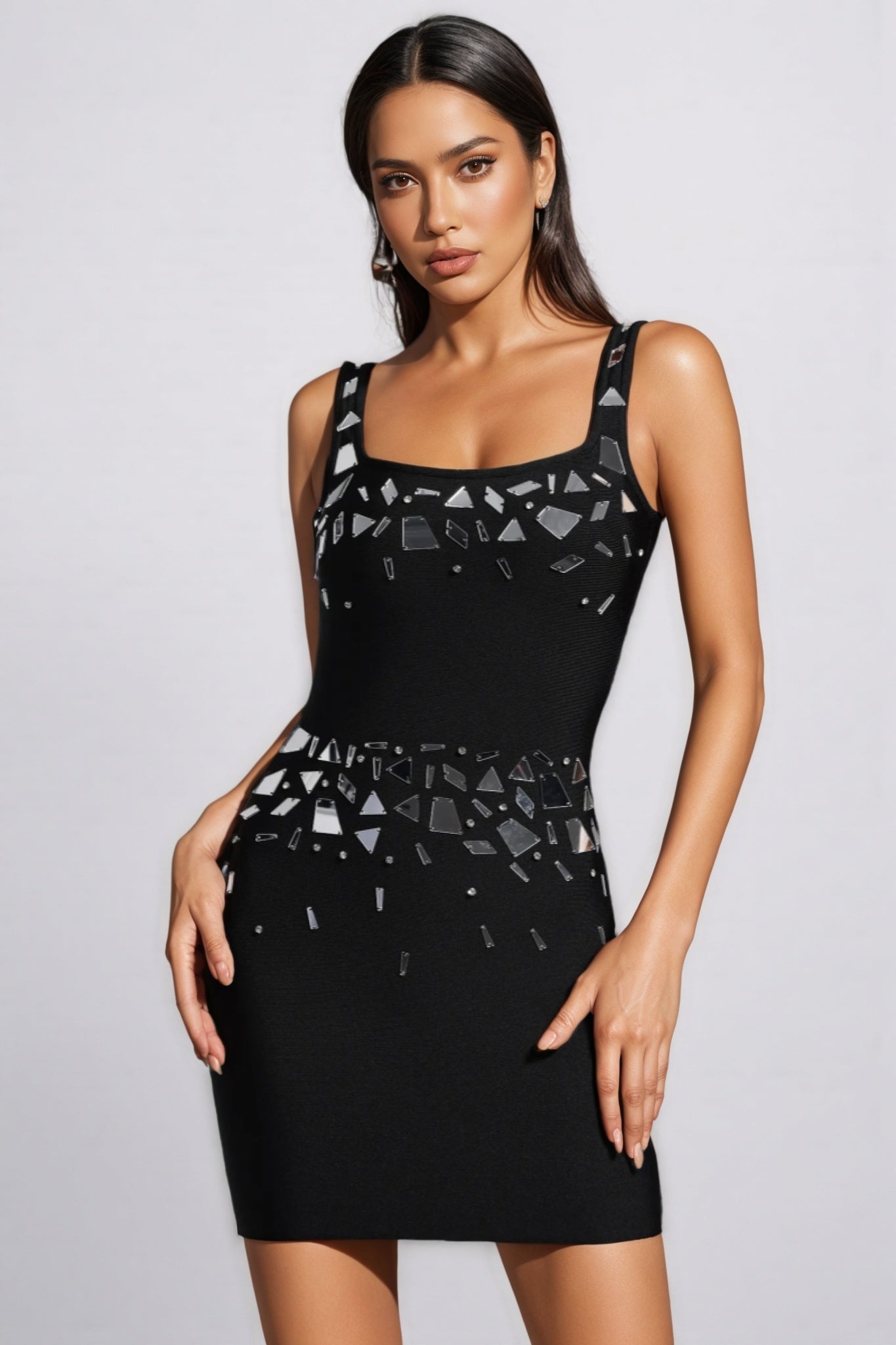 Mirror Geometric Embellished Square Neck Wide Strap Bandage Mini Dress