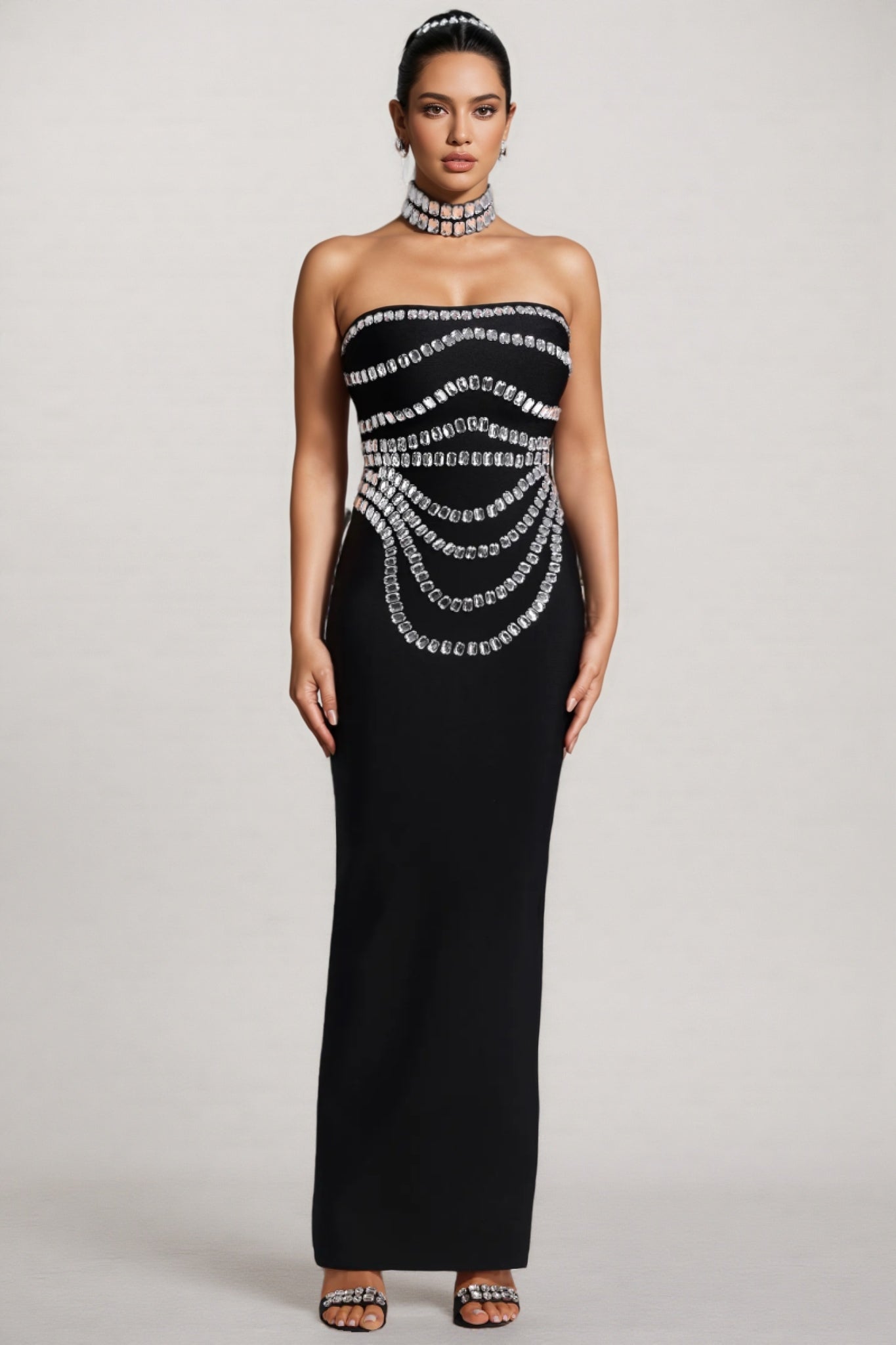 Crystal Swag Draped Strapless Bandage Bodycon Maxi Gown